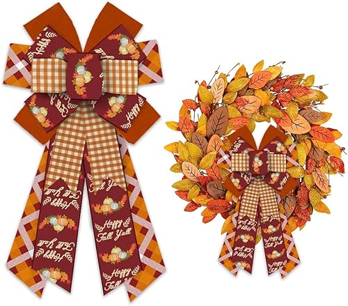 ABTOLS Arcos grandes de corona de Happy Fall Y'all, lazos de búfalo naranja para corona, hojas de otoño, lazos de arpillera para puerta delantera,