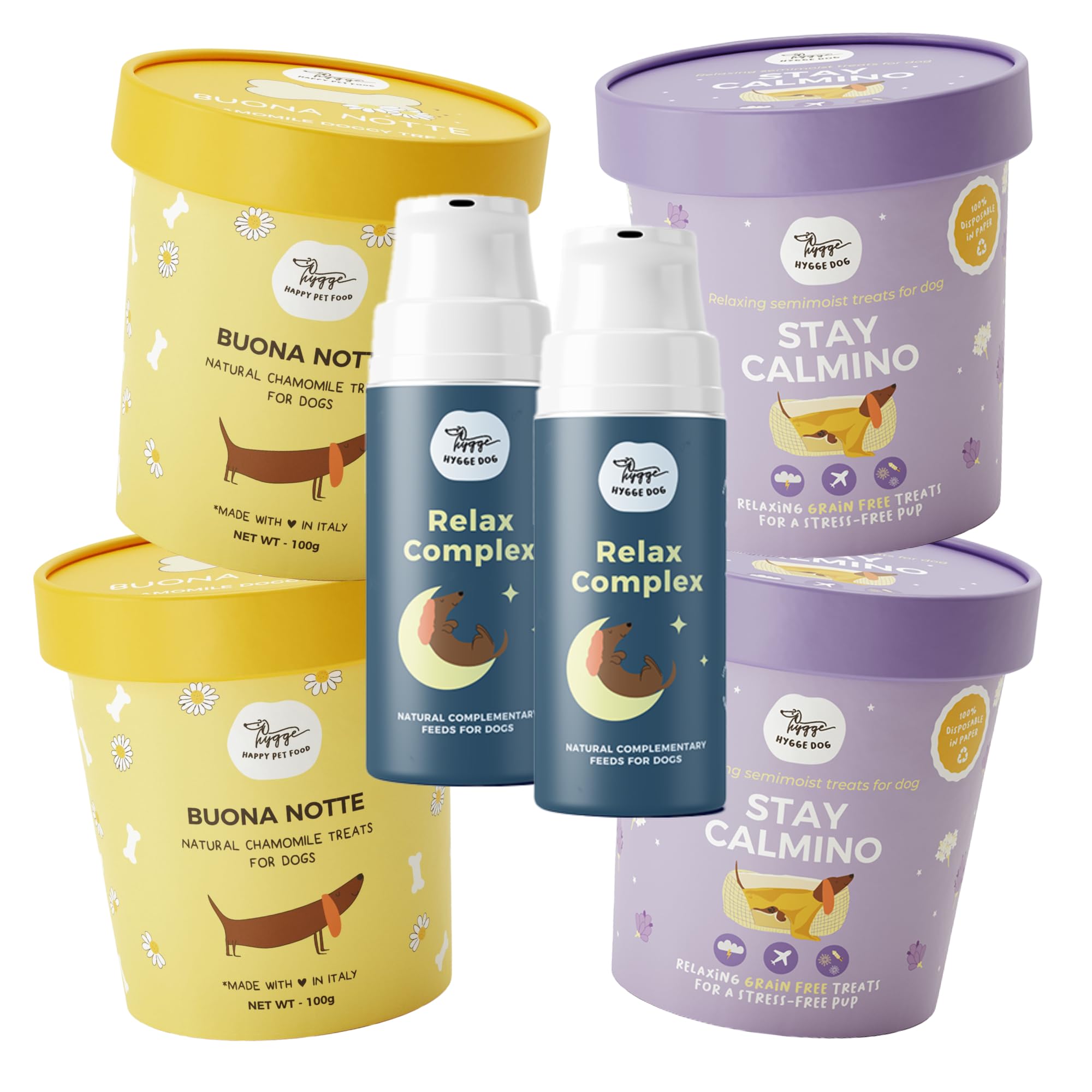 Hygge Dog Bundle Relax – Rutina calmante para perros apetecible | 2 galletas buenas noches, 2 x Stay Calmino, 2 x Topper Relax Complex | 100% natural, fabricado en Italia | Solución completa contra la