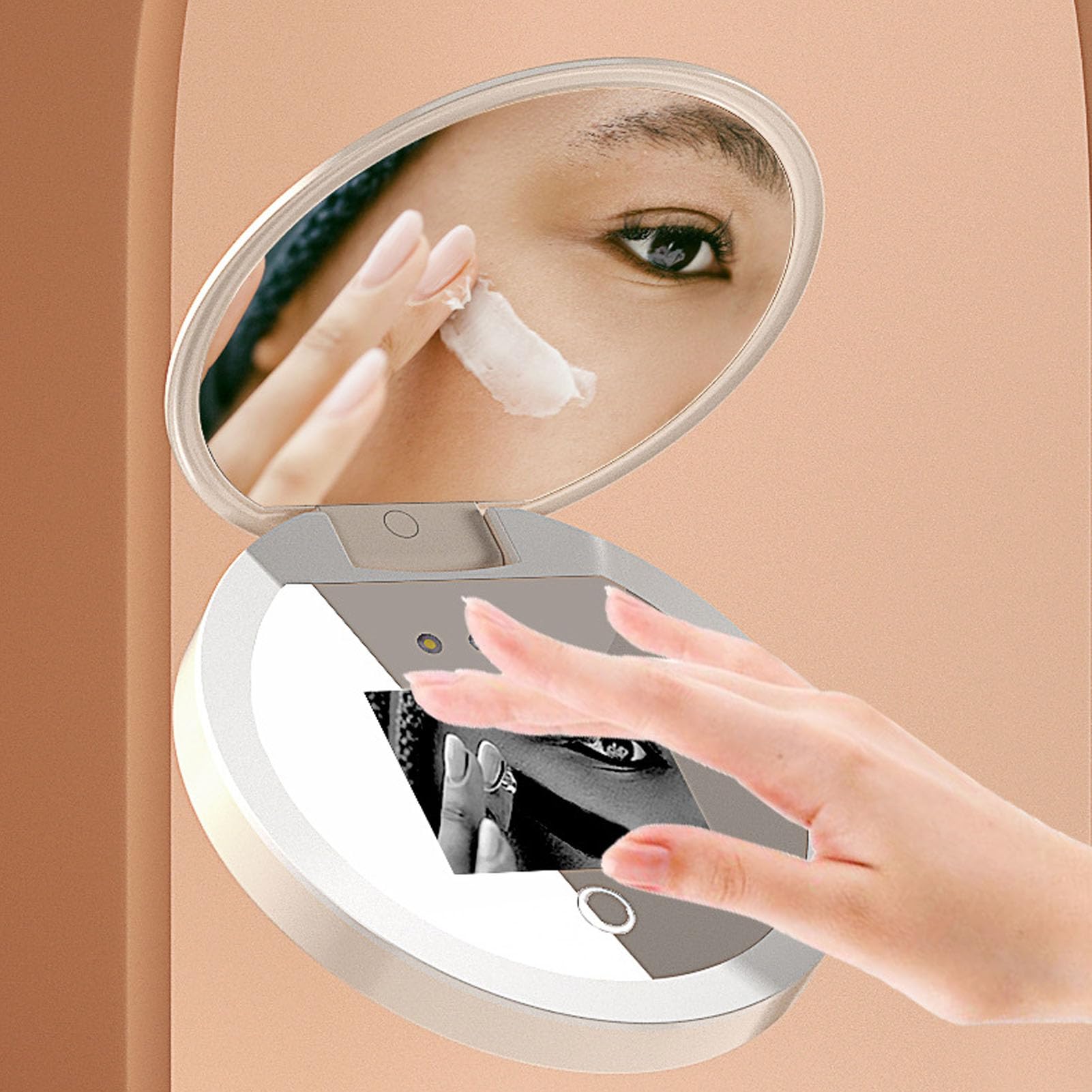 Miroir Cosmétique UV, Miroir Portable Double Face 2X Grossissement avec Caméra UV, Protection Solaire, Miroir de Voyage Pliable 3,8 Pouces pour Soins de la Peau