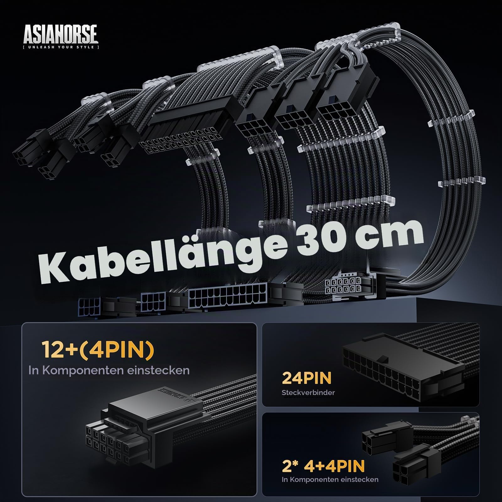 AsiaHorse PCIE 5.0 12VHPWR Sleeved Cable Kit, 16AWG PSU Kabelverlängerung, PC Netzteil Sleeved Kable, 24PIN-ATX/(4+4) PIN-CPU/(12+4) PIN-GPU Extension Cable, 30CM, Schwarz