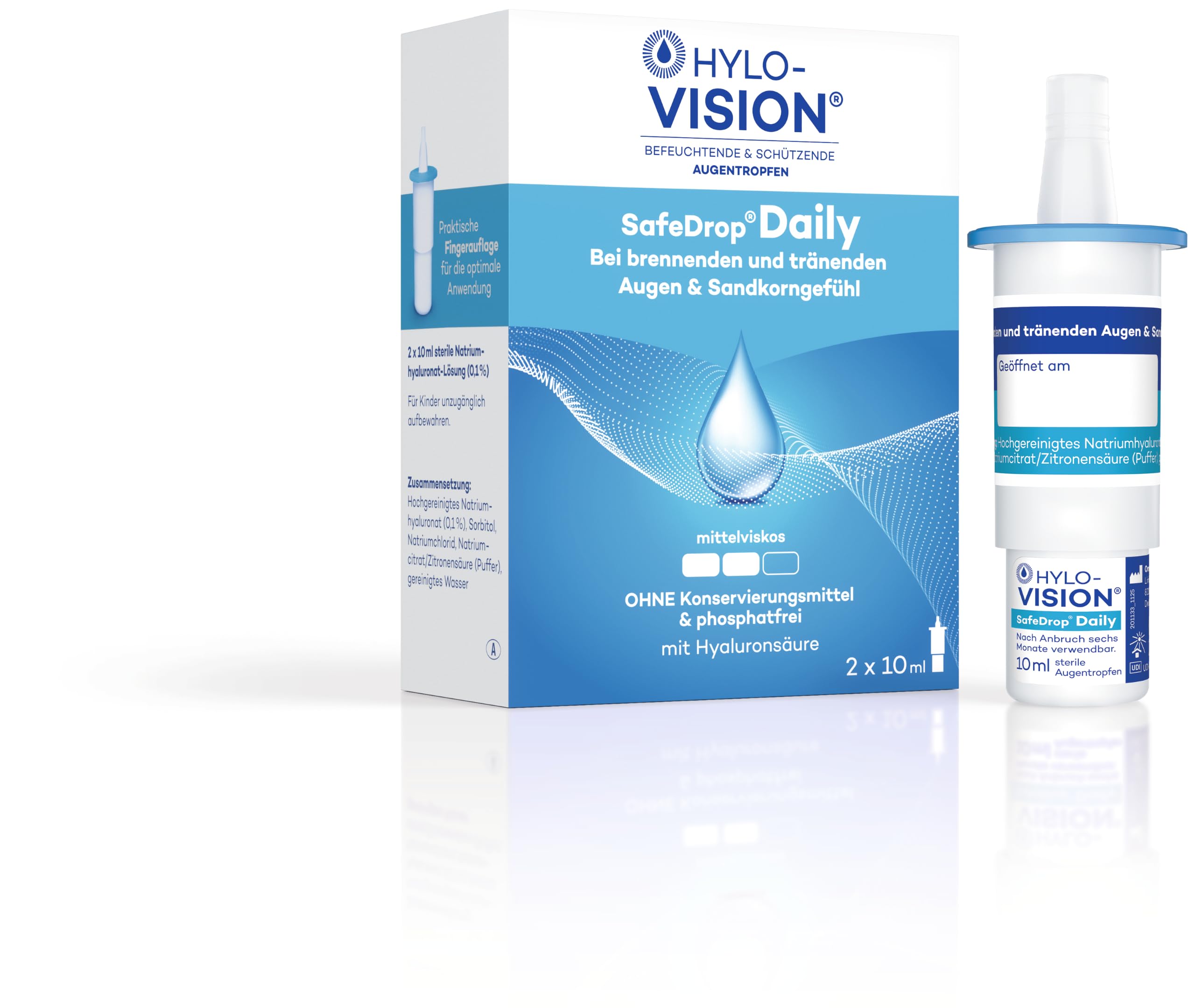 Hylo-Vision SafeDrop Daily Augentropfen – Befeuchtung & Schutz der Augenoberfläche bei Trockenheitsgefühl, Brennen & Tränen, mittelviskos, konservierungsmittelfrei, für Kontaktlinsen geeignet, 2x10 ml Drogerie & Körperpflege