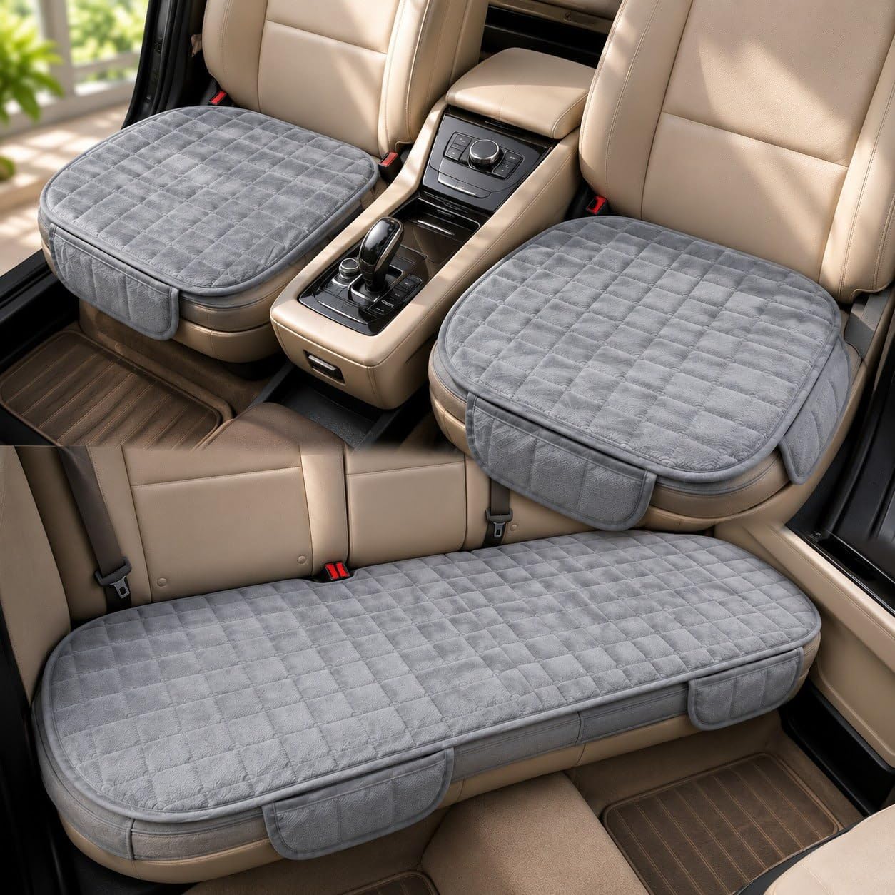 quilted car seat cushion set, 2 front and 1 rear, grey, 3 pc | three-piece square-quilted seat cushion protector set with two front covers and one rear-bench cover in grey