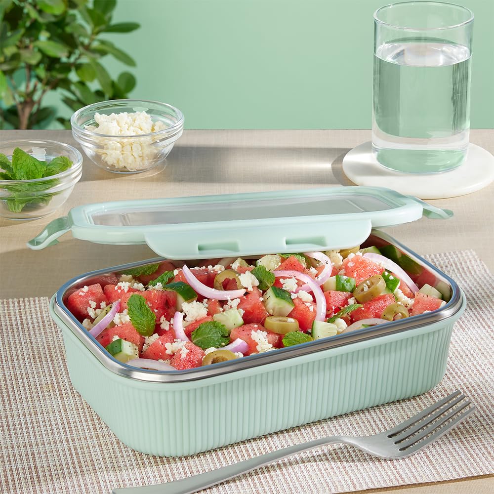 Larah by BOROSIL Freshbyte Food Storage Container with Airtight Stainless Steel Lid | Fridge Container for Lunchbox | Food Grade | Microwave Safe (Green, 800 ml, Rectangular)