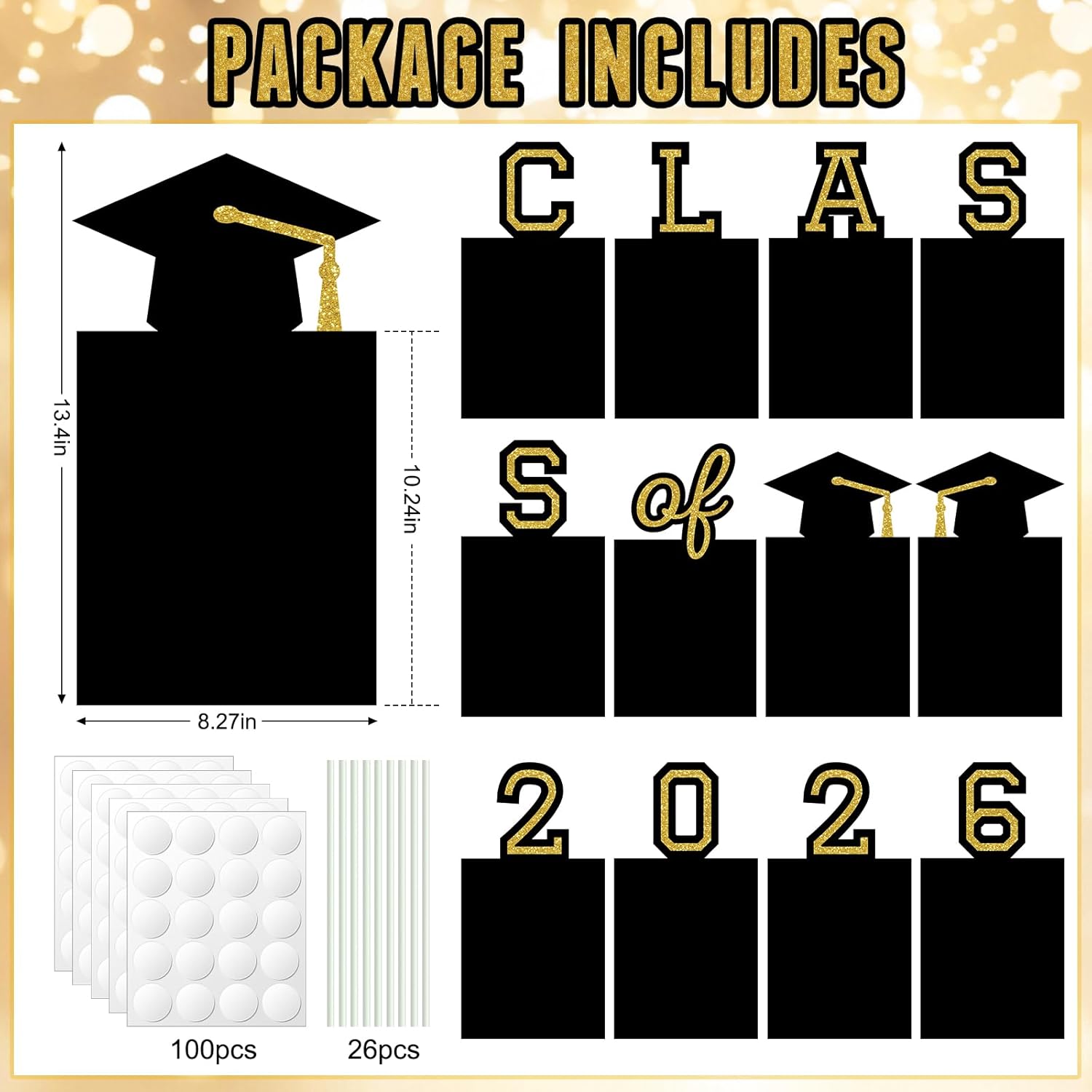 12Pcs Graduation Photo Yard Sign Decorations 2026, K-12 Grade Graduation School Picture Frame Lawn Sign with Stakes for Kindergarten Middle High School Class of 2026 Grad Party Decorations, Black Gold