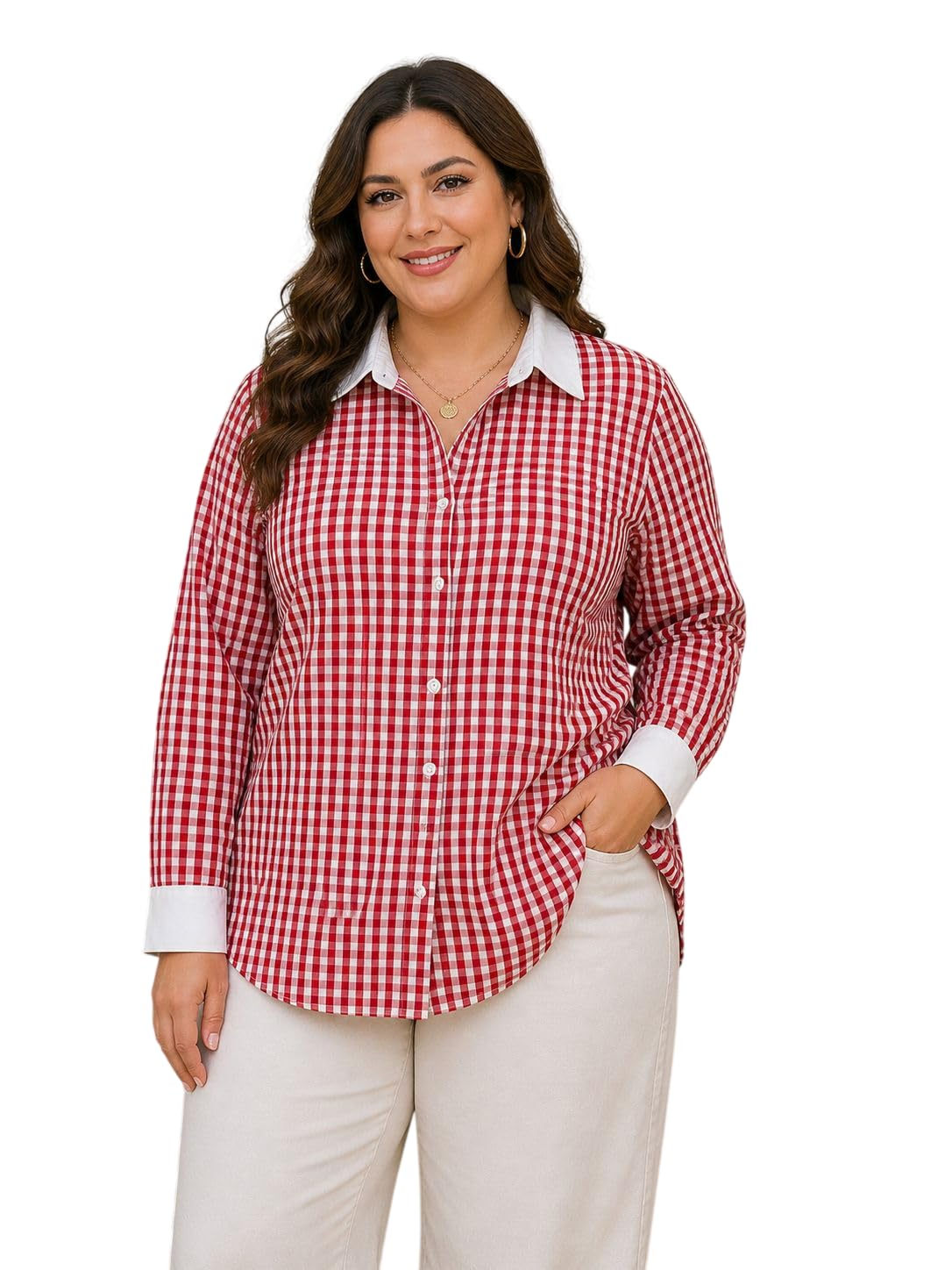 Women's Red Checks Casual Plus Size Shirt | Full Sleeve Button Down Collared Shirt | Comfortable Oversized Fashion Clothing for Office, Travel, Vacation, Holiday, Party-picture-35