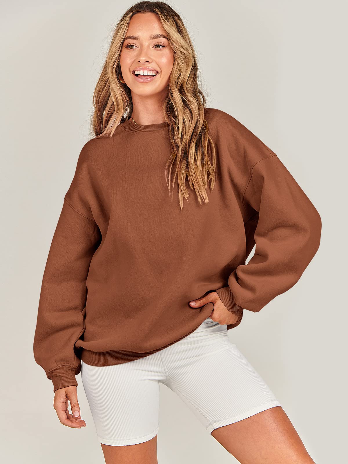 Damskie bluzy oversize bluzy z kapturem polar okrągły dekolt sweter top codzienne jesienne stroje preppy ubrania nastolatki 2024 A1019 światło, Jeden kolor, Caramel_S