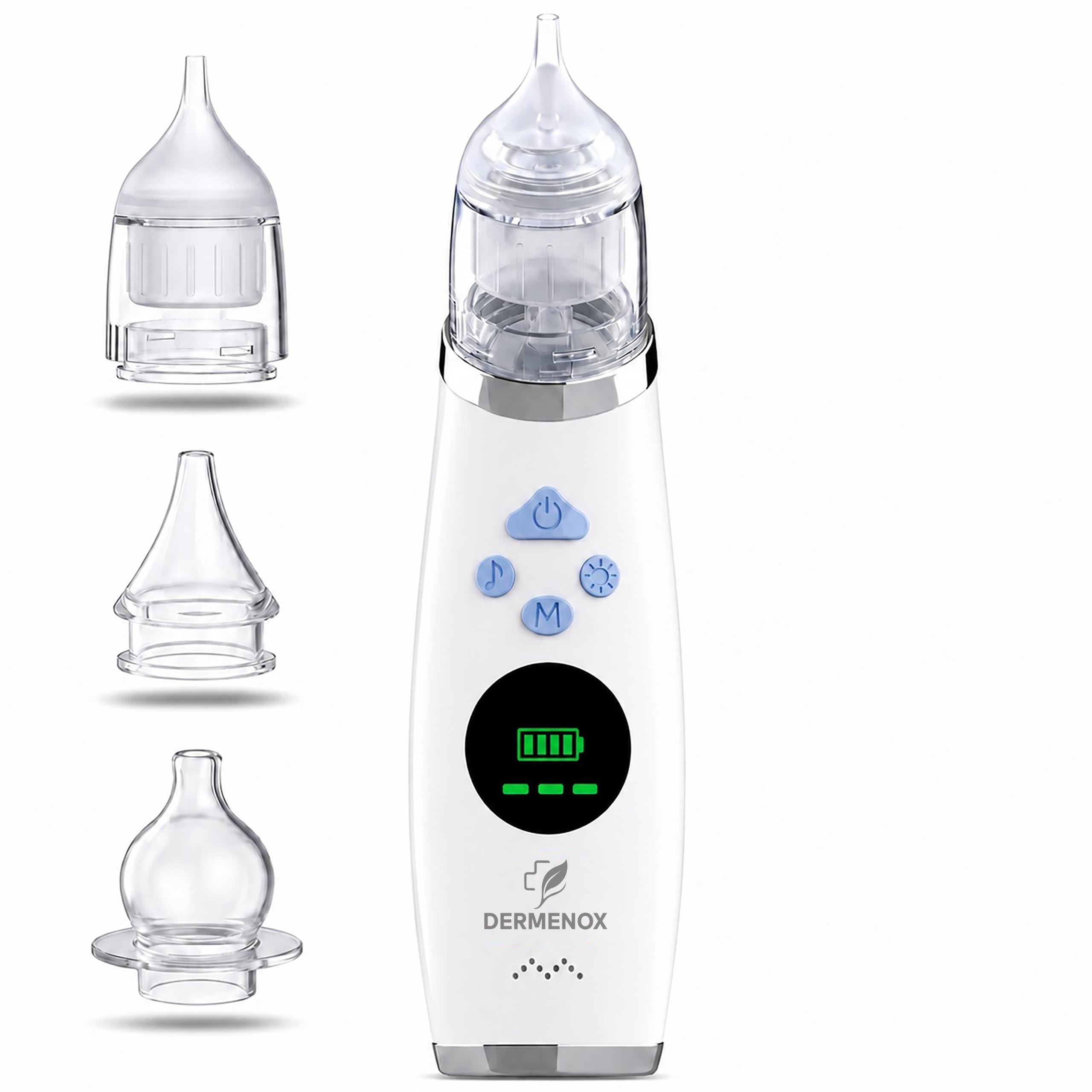 Aspirador nasal eléctrico para bebé – 5 potencias de succión, música y luz – Aspirador nasal recargable para bebé con 3 boquillas de silicona – Suave y seguro – DERMENOX azul oscuro