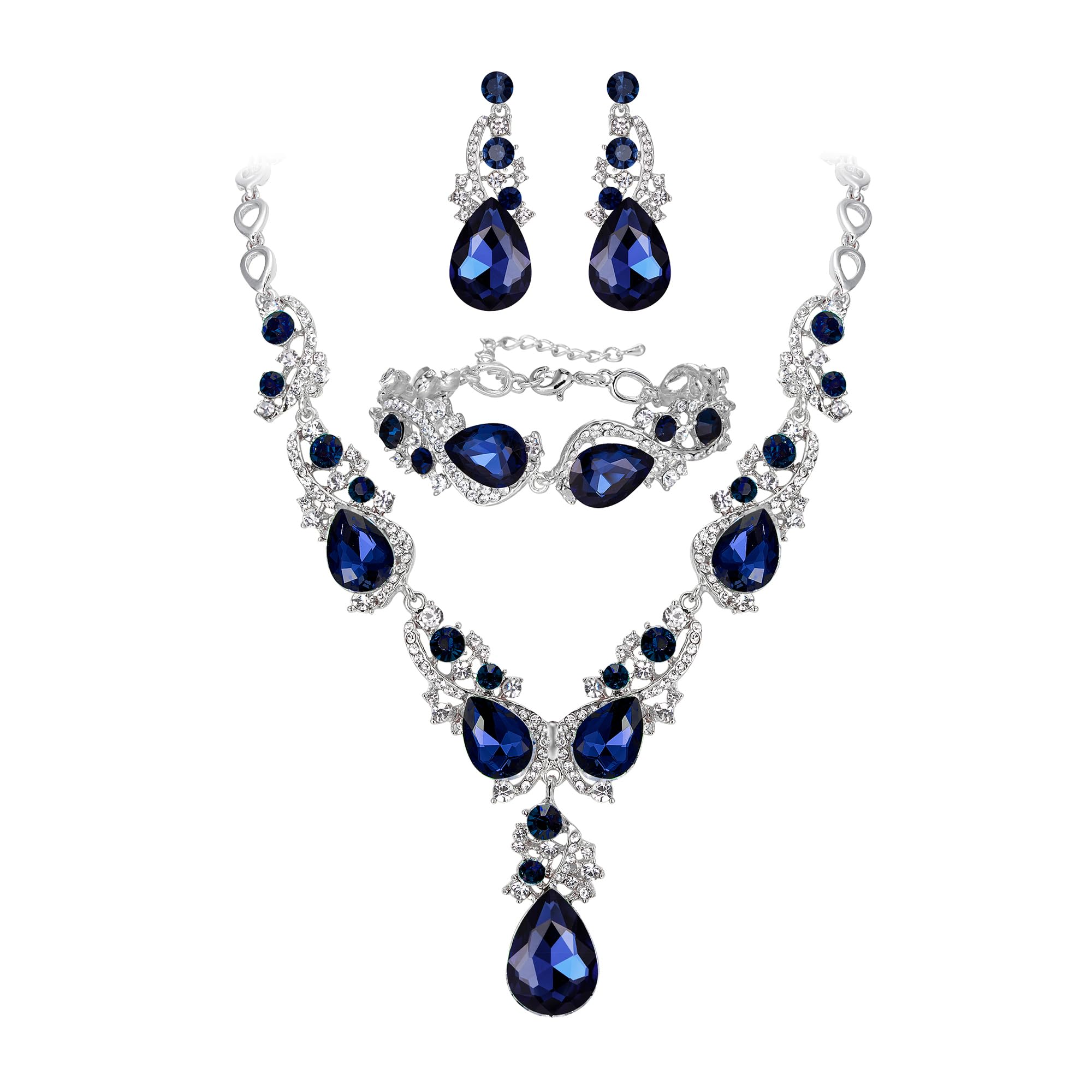 BriLoveWomen Crystal Necklace Earrings Bridal Wedding Crystal Alloy Jewelry Set, Metal Crystal Metal