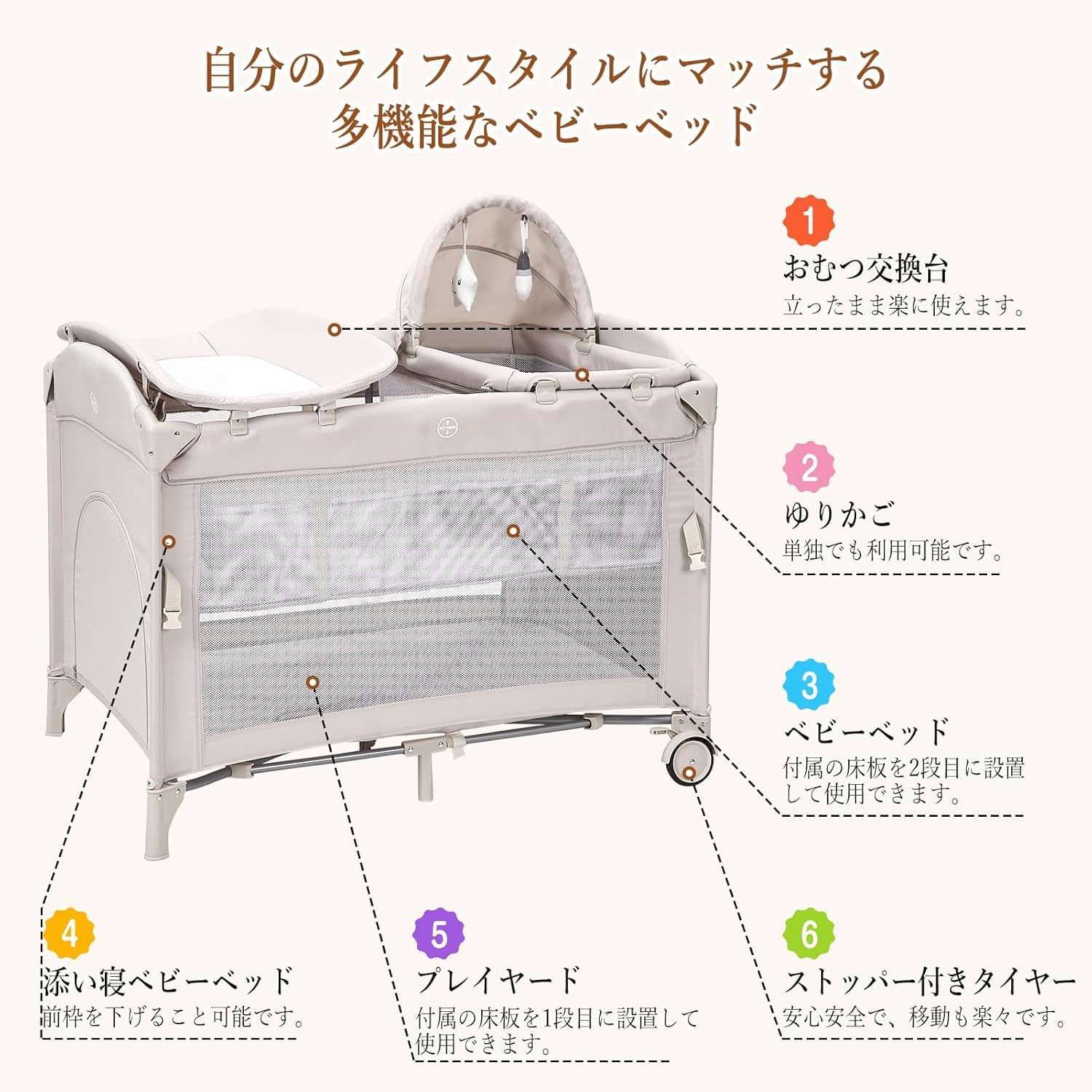 ベビーベッド 添い寝 折りたたみ おむつ交換台 蚊帳付き 揺りかご