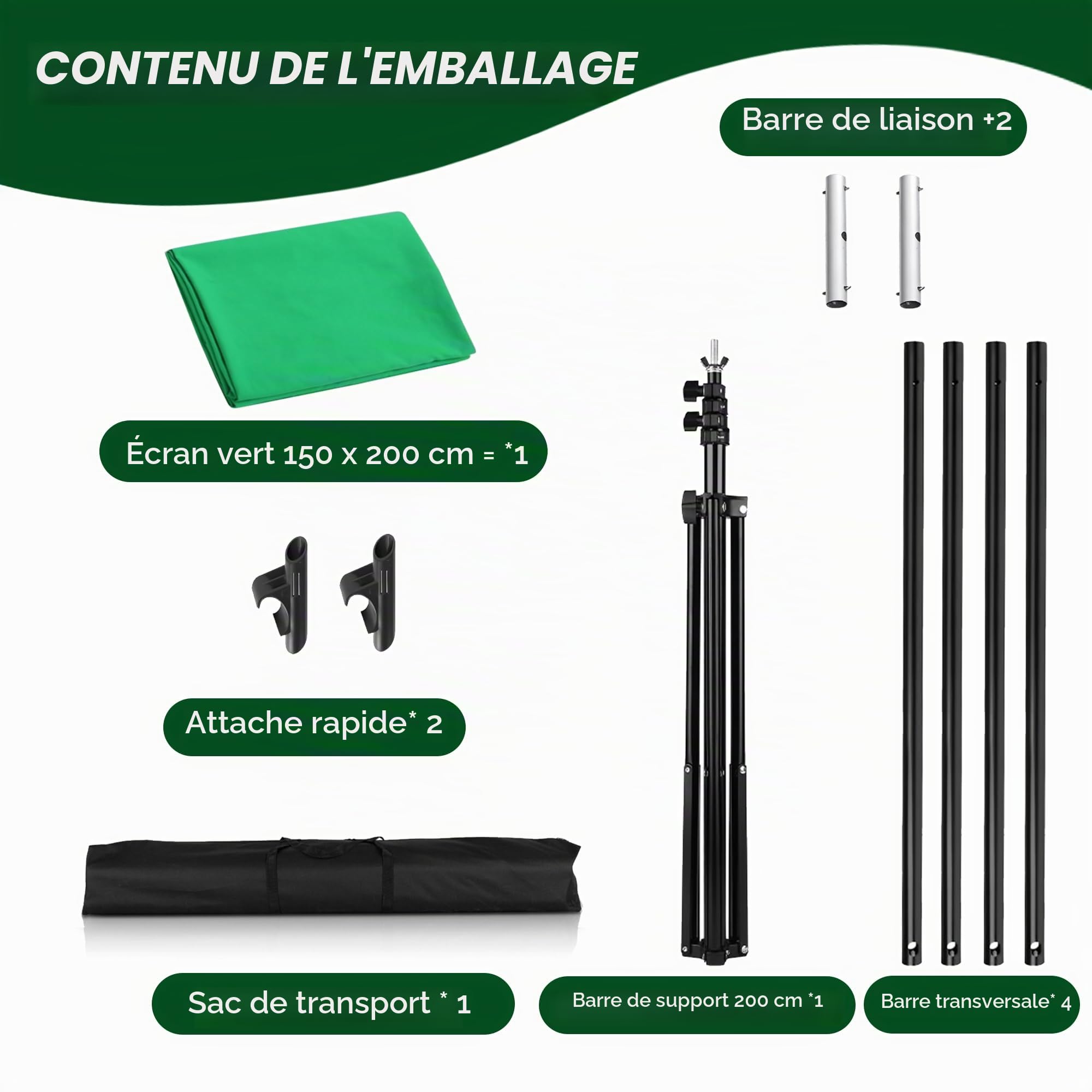 Kavier Fond Vert avec Support 2x1,5m Kit de Studio avec Double Barre Transversale pour Stabilité Maximale – Écran Chroma Key Pliable pour Streaming, Gaming & Réunions en Ligne