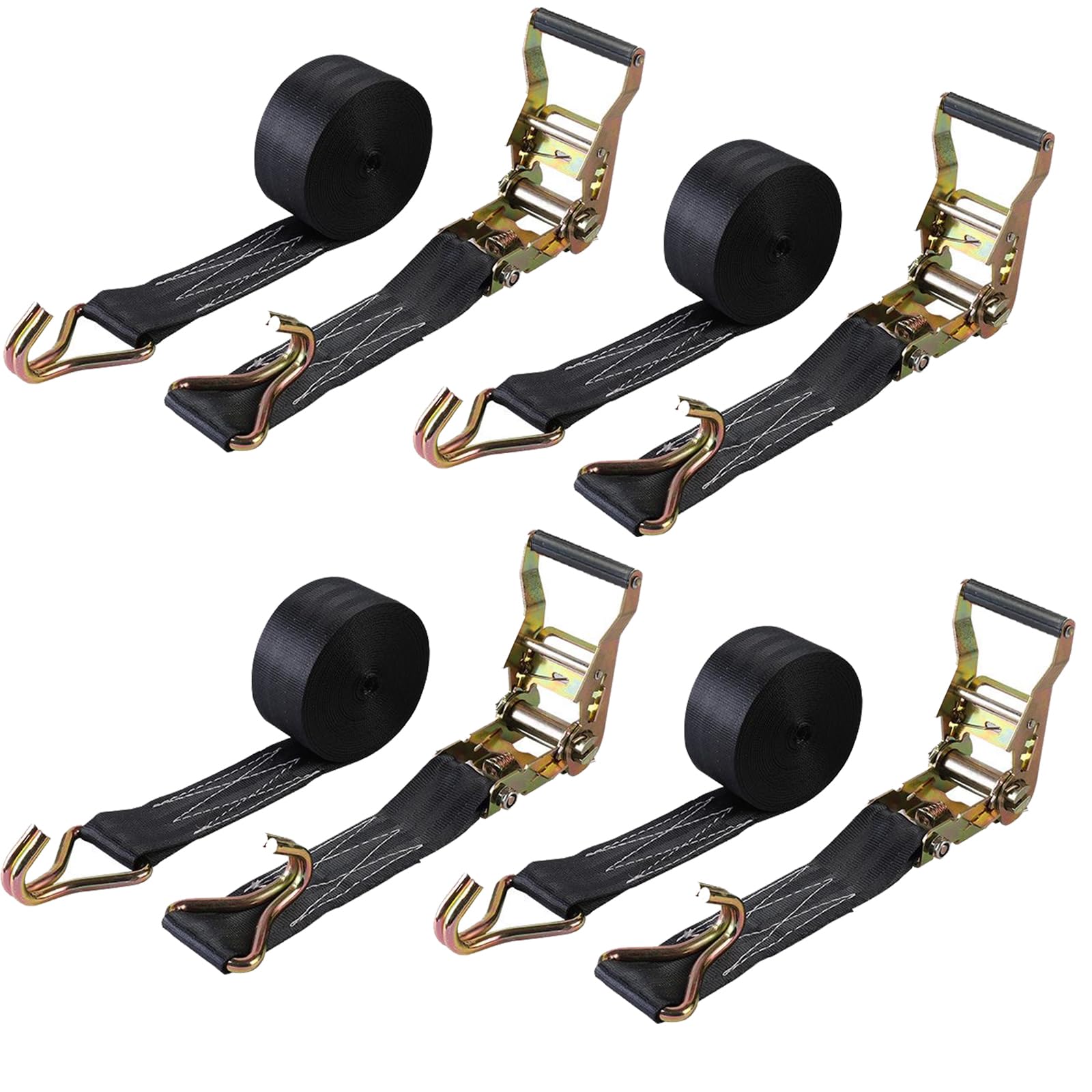 Confezione da 4 cinghie a cricchetto resistenti, resistenza alla rottura di 3628,7 kg, 5,1 cm x 6,1 m, nere, cinghie a cricchetto per camion con doppio gancio a J resistente per camion