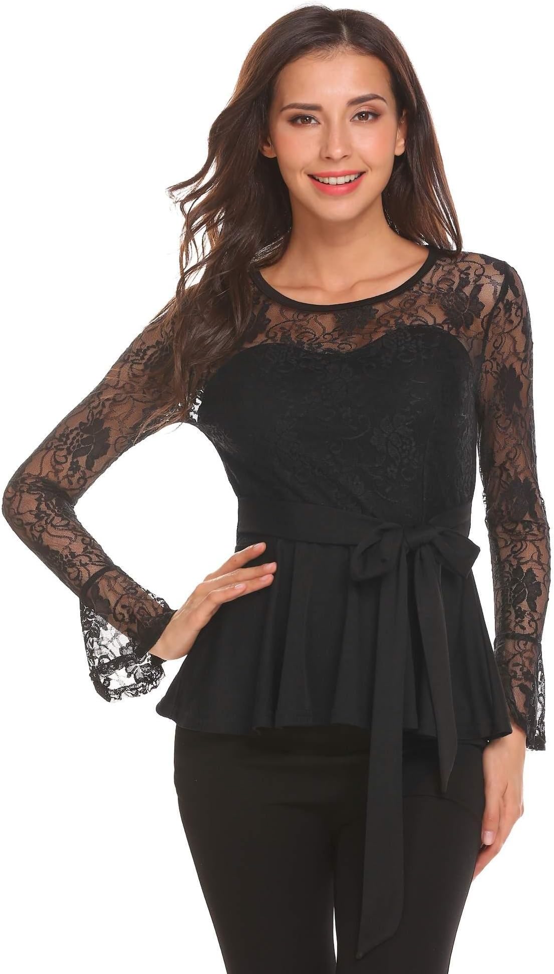 Meaneor Women Long Sleeve Lace Floral Slim Fit Casual Peplum Top Shirt W/Belt