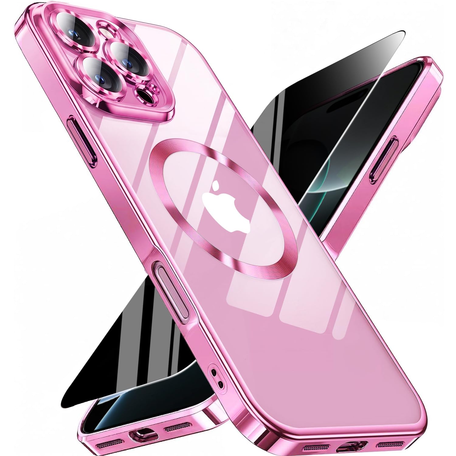 Magnetic for iPhone 16 Pro Max Case with Privacy Screen Protector &amp; Full Camera Cover,[Non-Yellowing] Shockproof Clear Phone Case Compatible with MagSafe Women Girls for iPhone 16 ProMax,Hot Pink