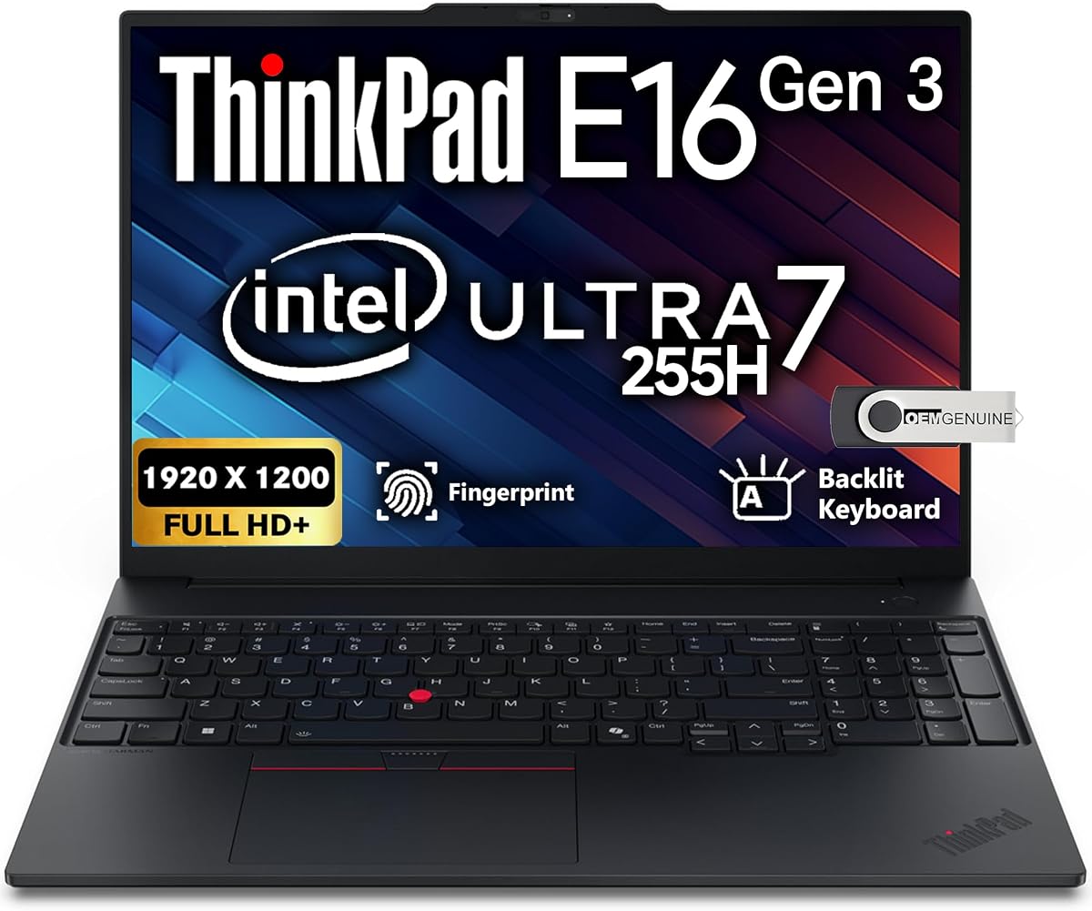 ThinkPad E16 Gen 3, 16" WUXGA, Intel Core Ultra 7 255H, 32GB DDR5 RAM, 1TB SSD PCIe, Fingerprint, Backlit KB, WiFi 6E + BT, RJ-45, Full HD Webcam, Windows 11 Pro, AI Business Laptop - Black