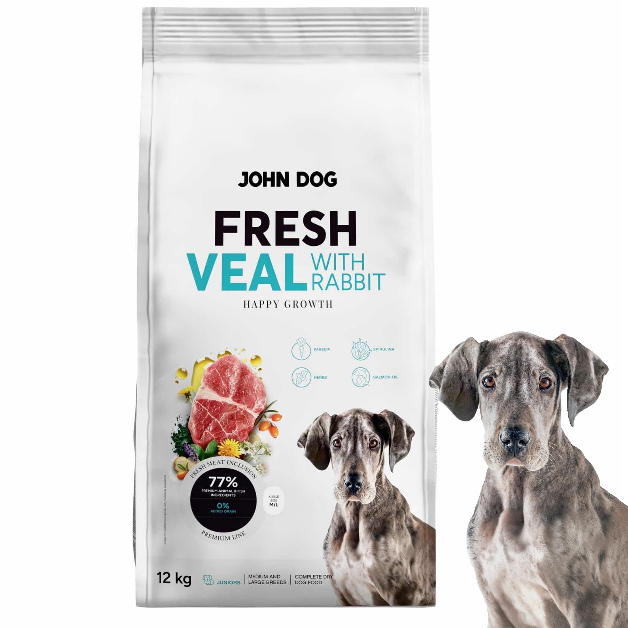 JOHN DOG Premium Welpenfutter Fresh Kalb & Kaninchen - Puppy Trockenfutter für Welpen mit 77% Fleischanteil - ohne Getreide und Huhn - Hundefutter trocken aus natürlichen Zutaten 12kg