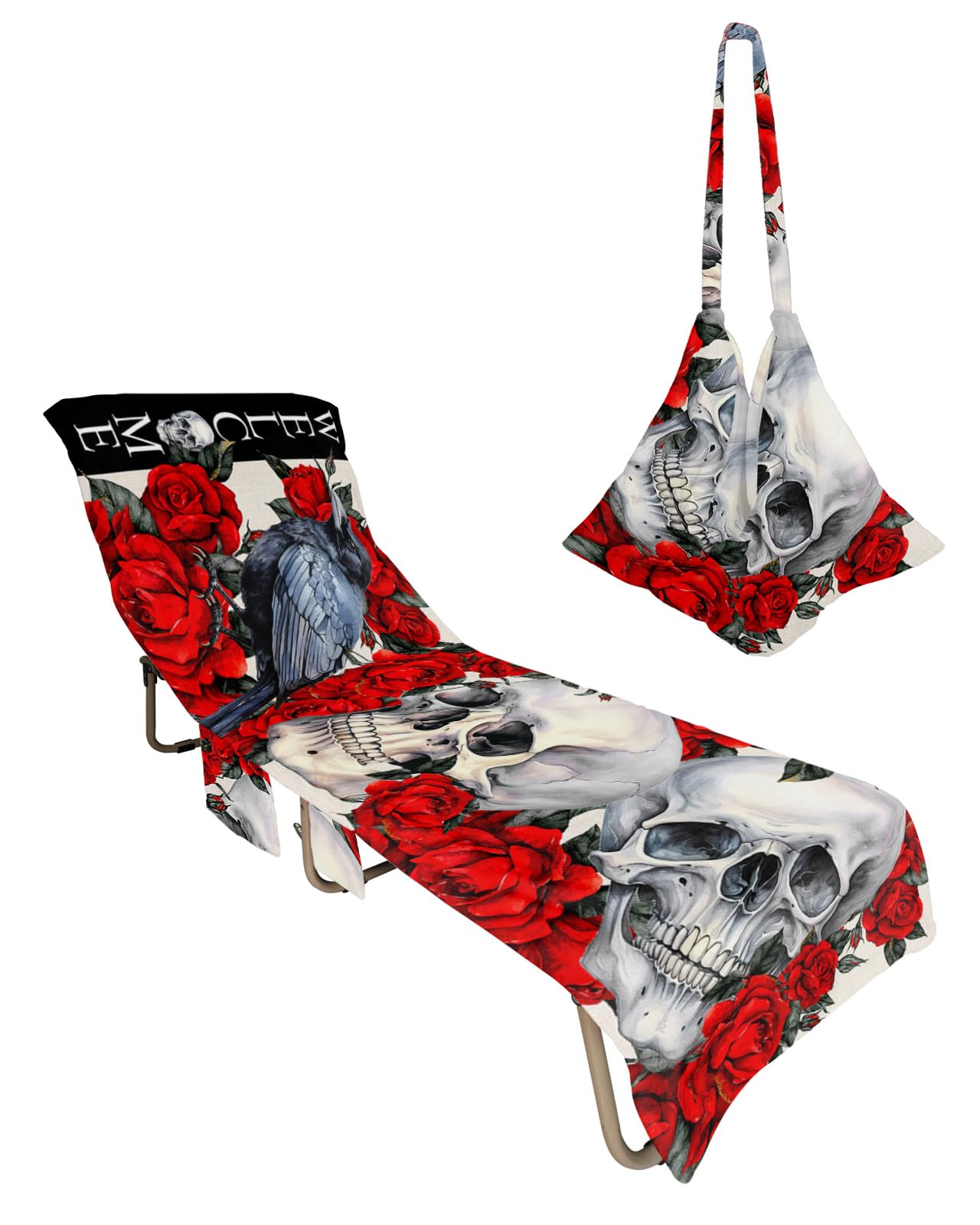 Halloween Beach Chair Towel Covers for Chaise Lounge with Side Pocket, Soft Plush Pool Towels Cover for Patio Sunbathing Outdoor 29''x85'' Red Romantic Rose Horror Skull Black