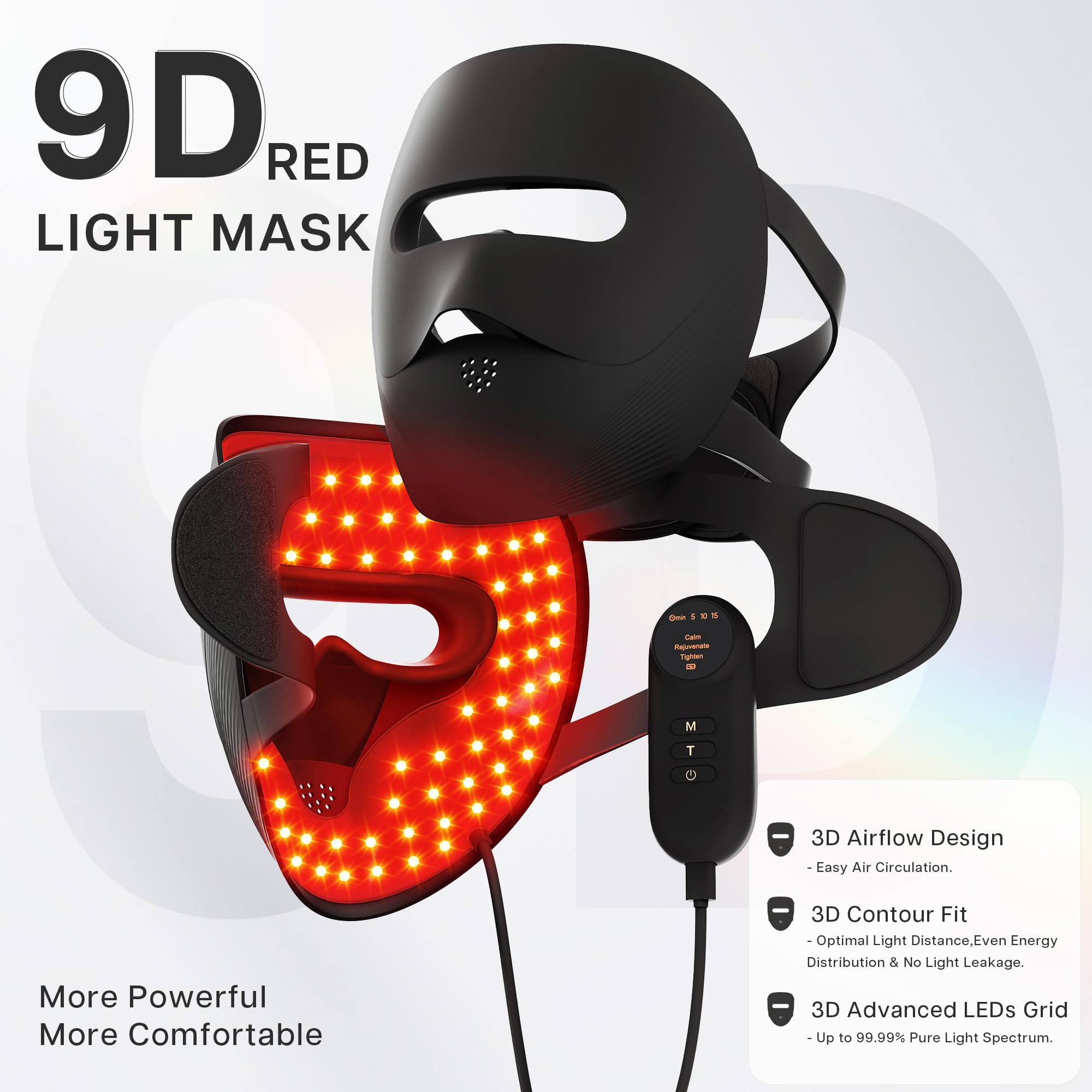 VRAIKO 9D Masque LED visage | Masque de thérapie par la lumière rouge avec 4 modes, 328 LED, design 3D de flux d'air et verrouillage de la lumière pour spa facial ultra confortable (Noir)