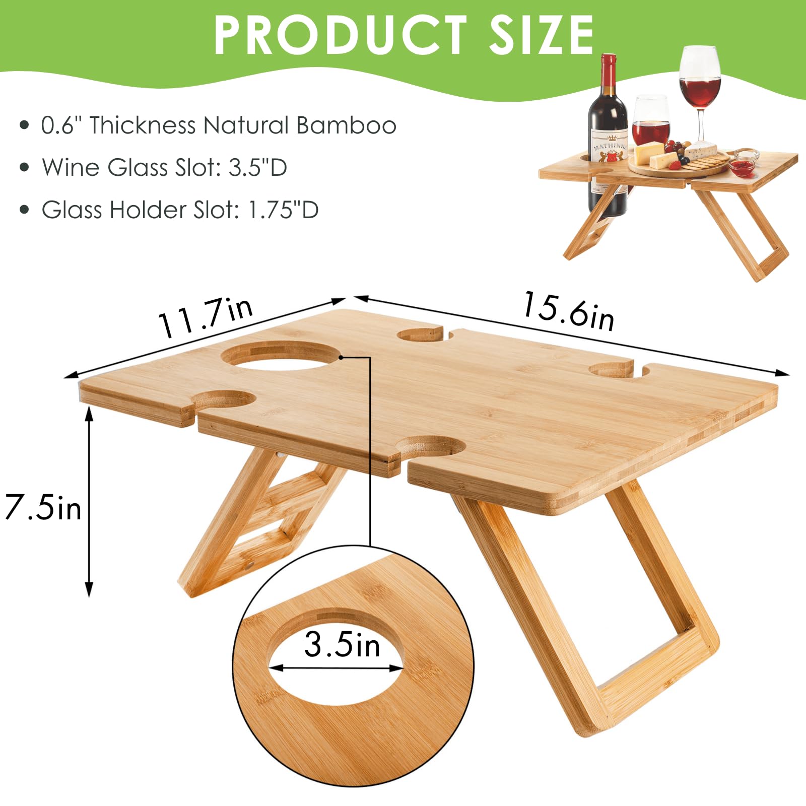 YOUEON Tragbarer Wein Picknick Tisch mit 5 Weingläser Halter, Faltbarer Champagner Picknick Snack Tisch, Wein und Käse Tisch für Picknick, Camping, Park, Strand, Weinliebhaber Geschenk