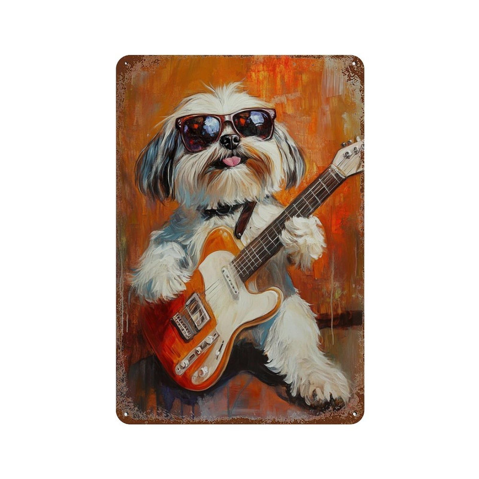 Rock Star Pup with Guitar -9 Rustic Tin Plaque 11.8"x7.9", Vintage Wall Decor for Garage, Pub Or Kitchen