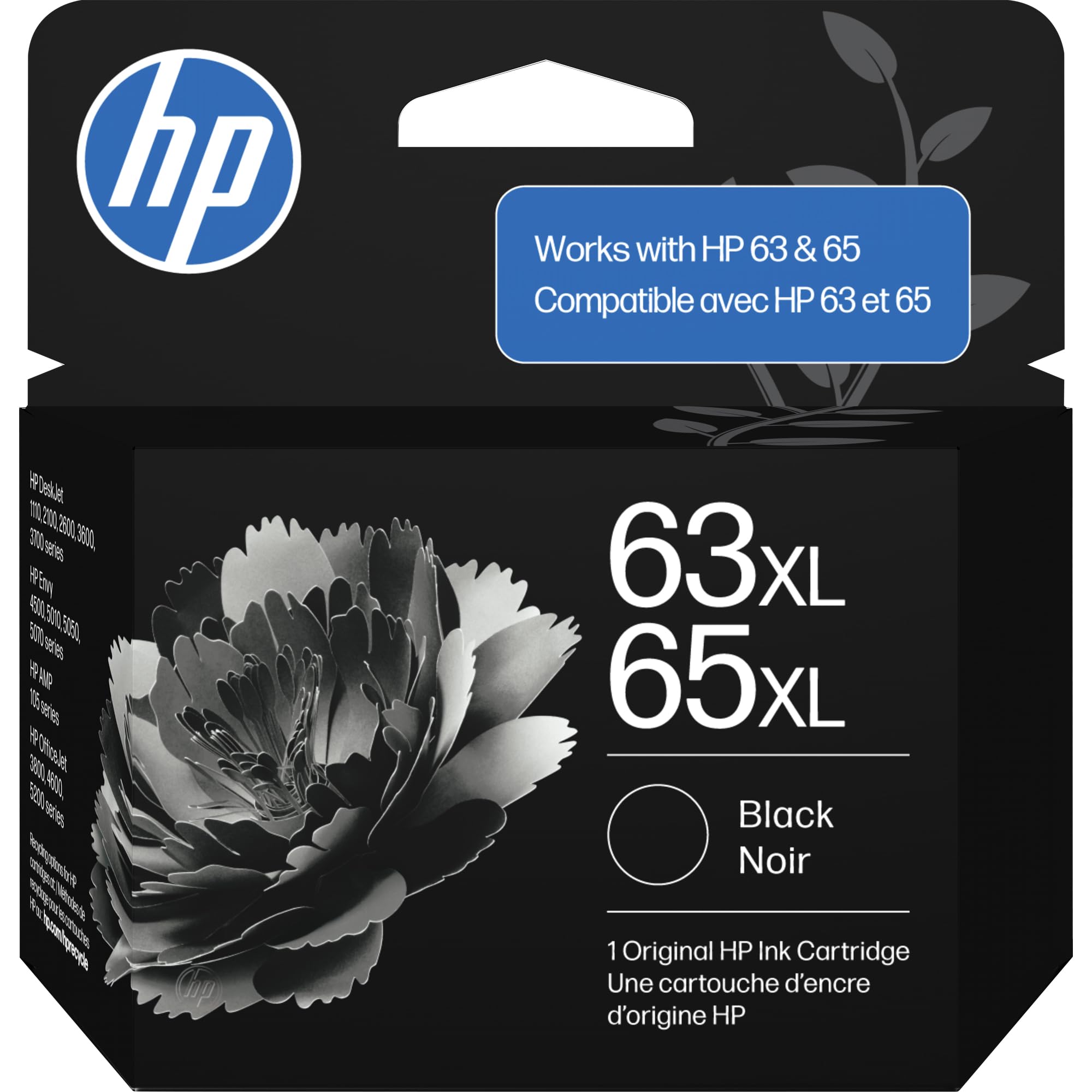 HP 63XL 65XL Black High-Yield Ink Cartridge | Works AMP; DeskJet 1100, 2100, 2600, 3600; Envy 4500, 5000; OfficeJet 3800, 4600, 5200 Series | B7RT5AN Works with Both 63 and 65 Ink