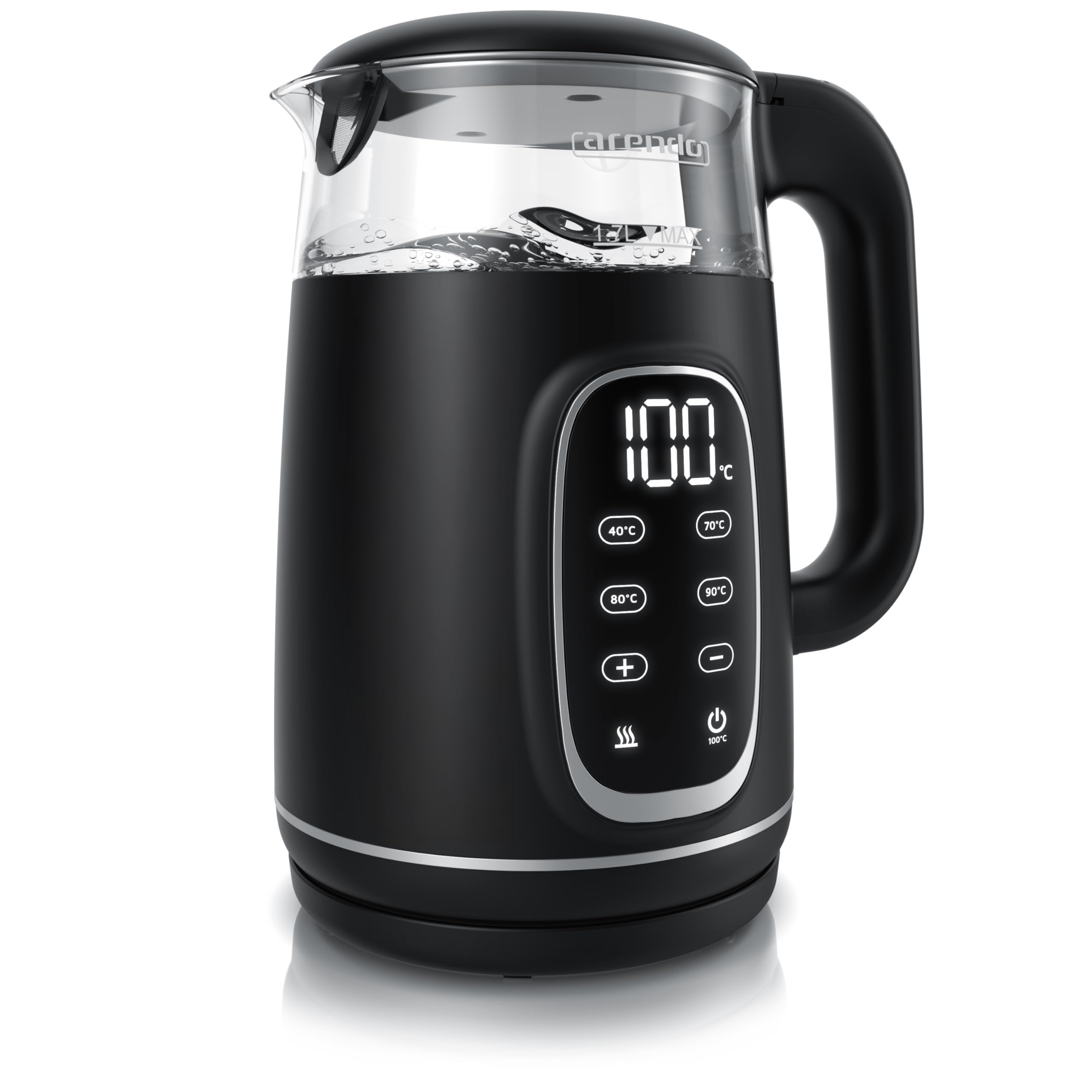 Arendo - Glas Wasserkocher mit Temperatureinstellung - Edelstahl - Doppelwand Design Cool Touch - Display im Gehäuse - Kabellos - 2200 W - 1,7L – Überhitzungsschutz – Warmhaltefunktion – schwarz