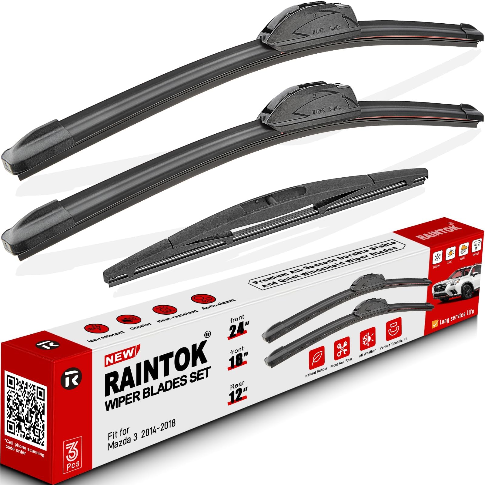 Windshield Wiper Blades Replacement for 2014 2015 2016 2017 2018 Mazda 3 Original Factory Quality Front Rear Wipers Blade Set for Car - 24" 18" 12" (Piece of 3)