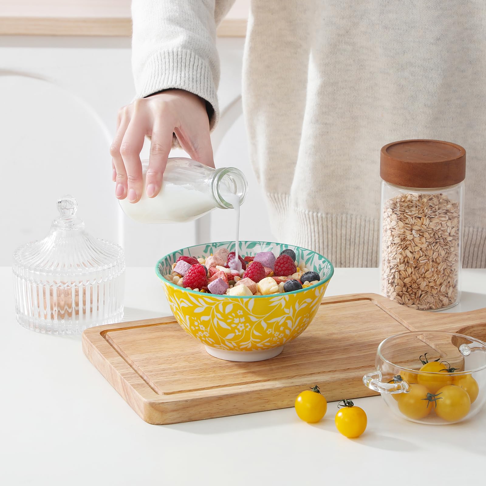 vancasso SELENE Set di 6 Ciotole per Cereali - 720ML - Ciotola in Porcellana Pastello, Ciotole per Zuppe, Colazione e Insalata, Adatte al Microonde, Stile Floreale Colorato