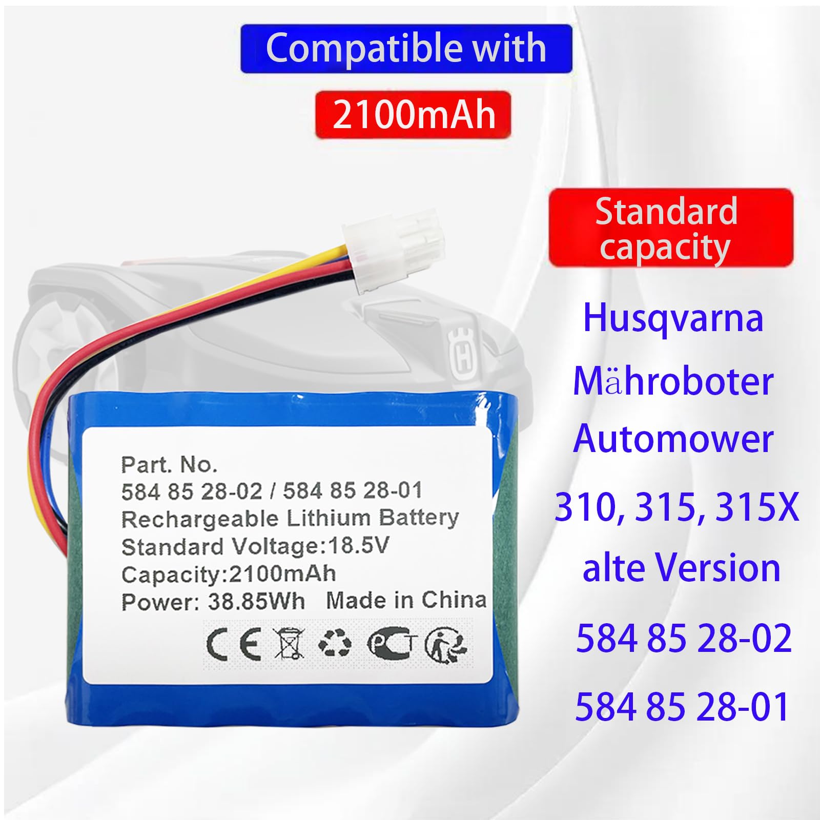 (18,5 V, 2100 mAh, 38,85 Wh) 584 85 28-02 Batterie de rechange compatible avec le robot tondeuse Husqvarna Automower 310, 315, 315X, ancienne version type 584 85 28-02