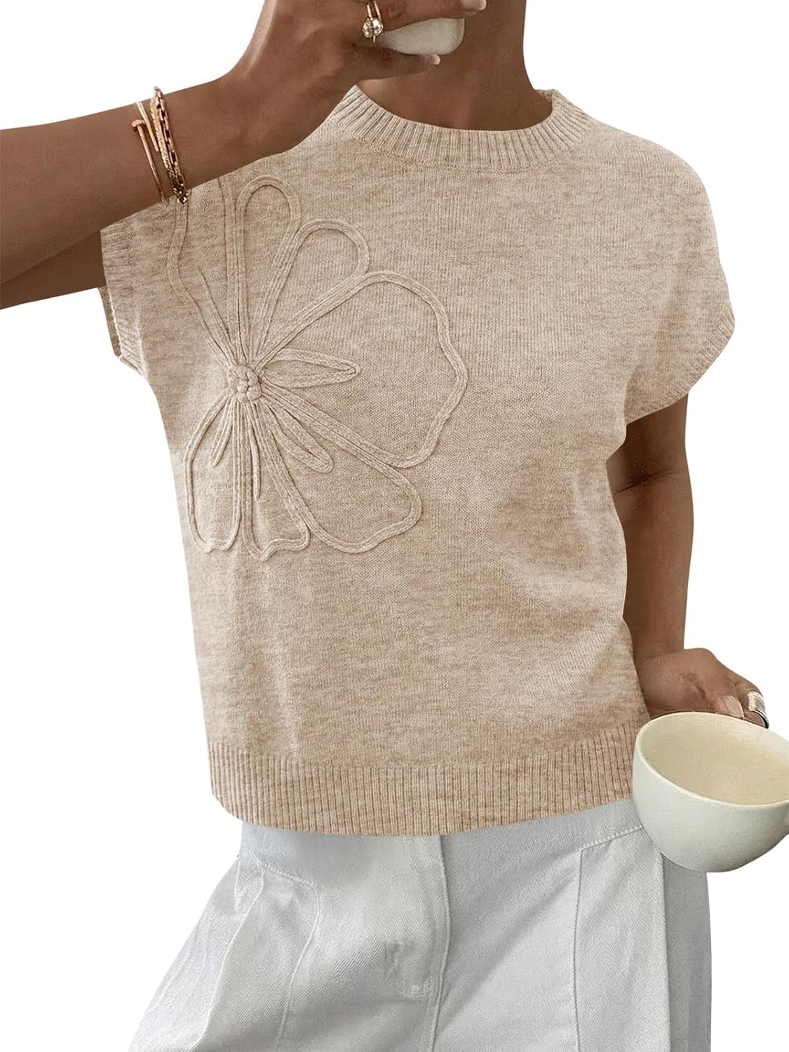 Saodimallsu Womens Short Sleeve Sweater Trendy Floral Pullover Sweaters Summer Casual Crewneck Lightweight Knit Tops