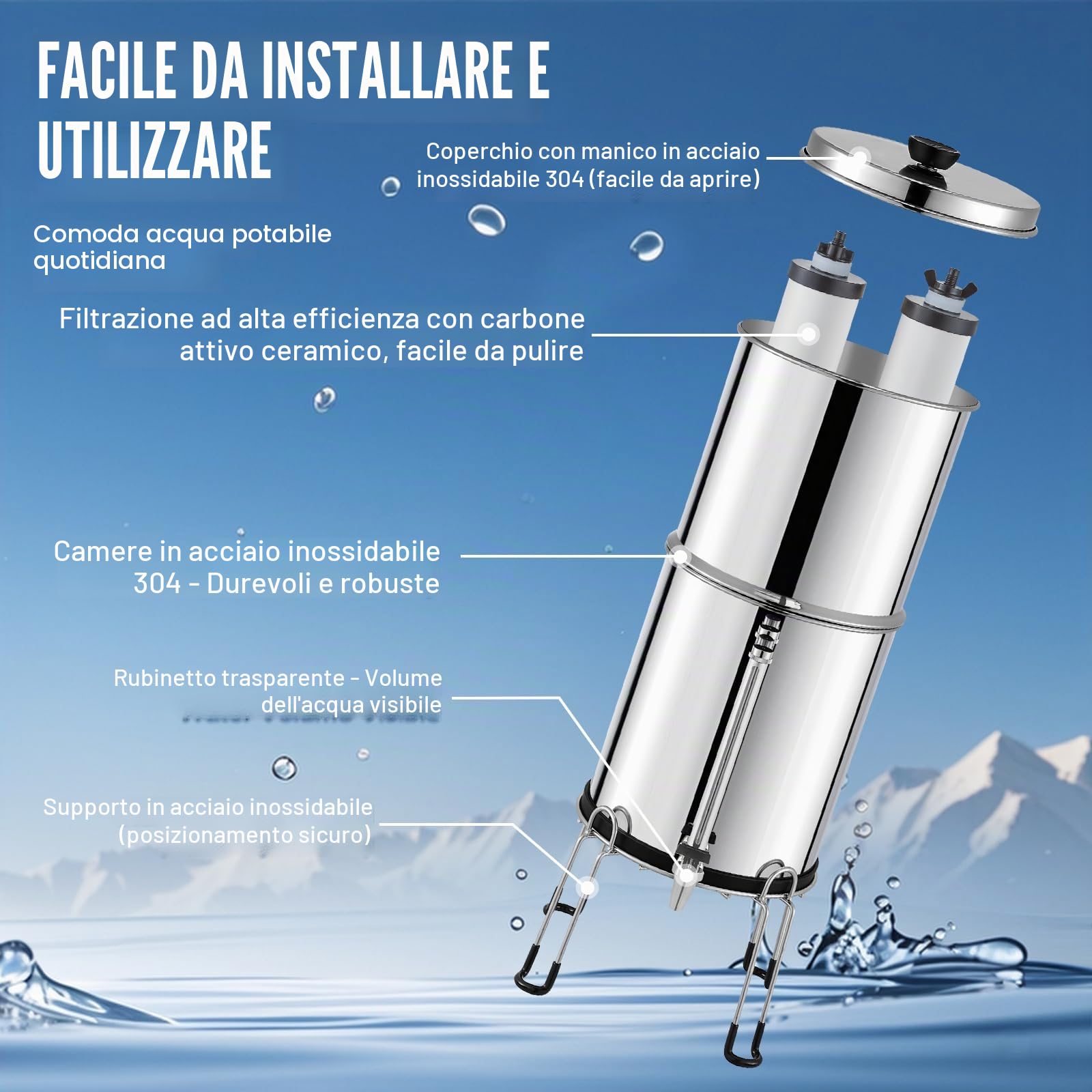 VEVOR Sistema di Filtraggio Acqua a Gravità Sistema da Banco in Acciaio Inox Sistema Filtraggio Acqua 7,8+8,5 L, Riduce Piombo e Cloro, con 2 Filtri al Carbone Ceramico e Rubinetto Camper Campeggio