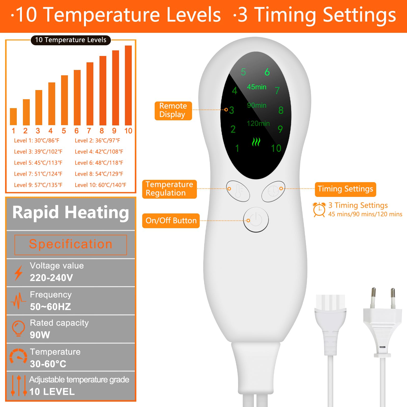 Biutee Elektryczny podgrzewacz do stóp i łydek, szybkie ogrzewanie, wysoki elektryczny podgrzewacz stóp 40 cm, 10 poziomów temperatury 30-60 ℃, 3 rodzaje 45/90/120mins, ogrzewacz do stóp Maks. rozmiar