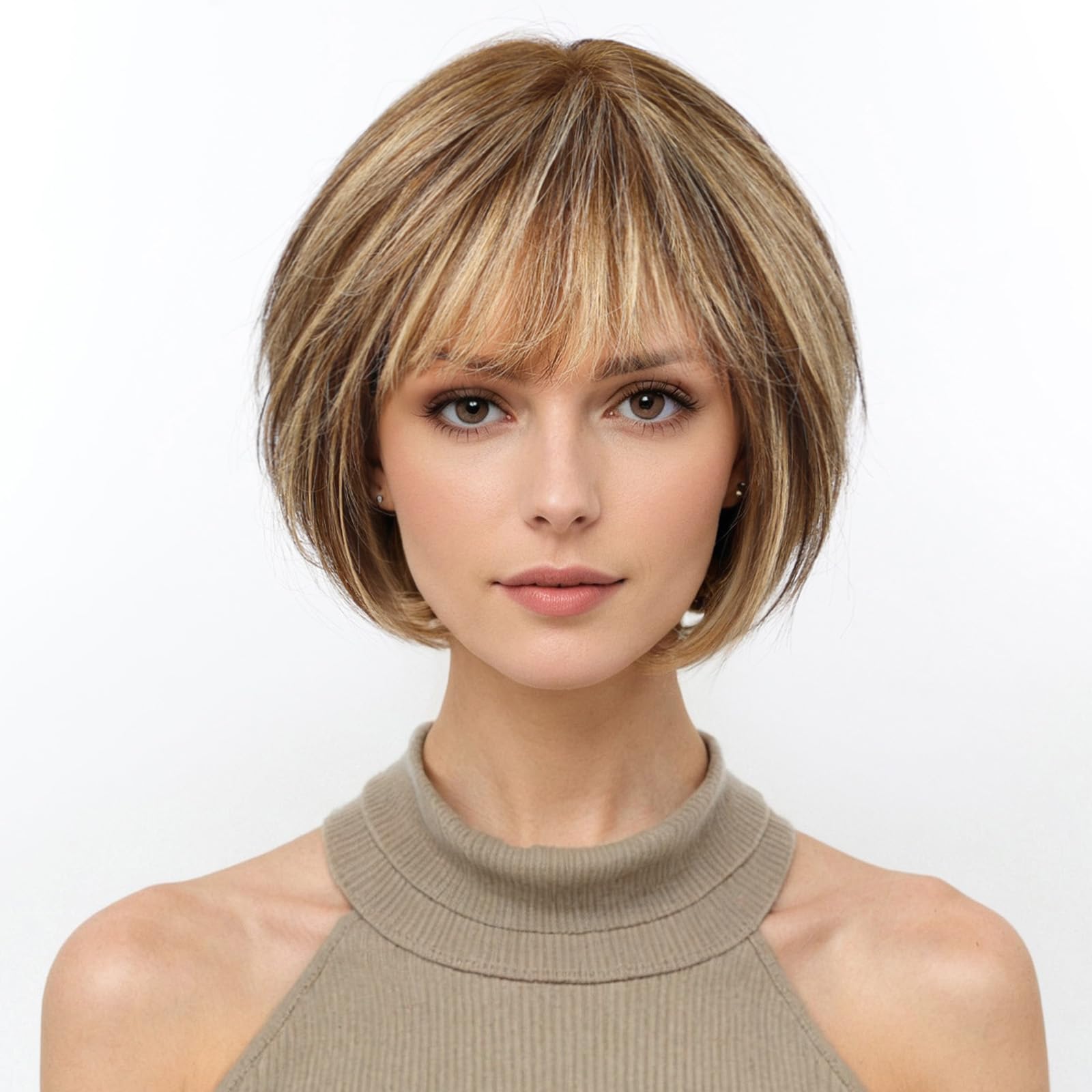 KKU 10 Inch Brown Mixed Blonde Wigs Human Hair for Women, Remy Human Hair Wigs, Human Hair Wigs with Bangs