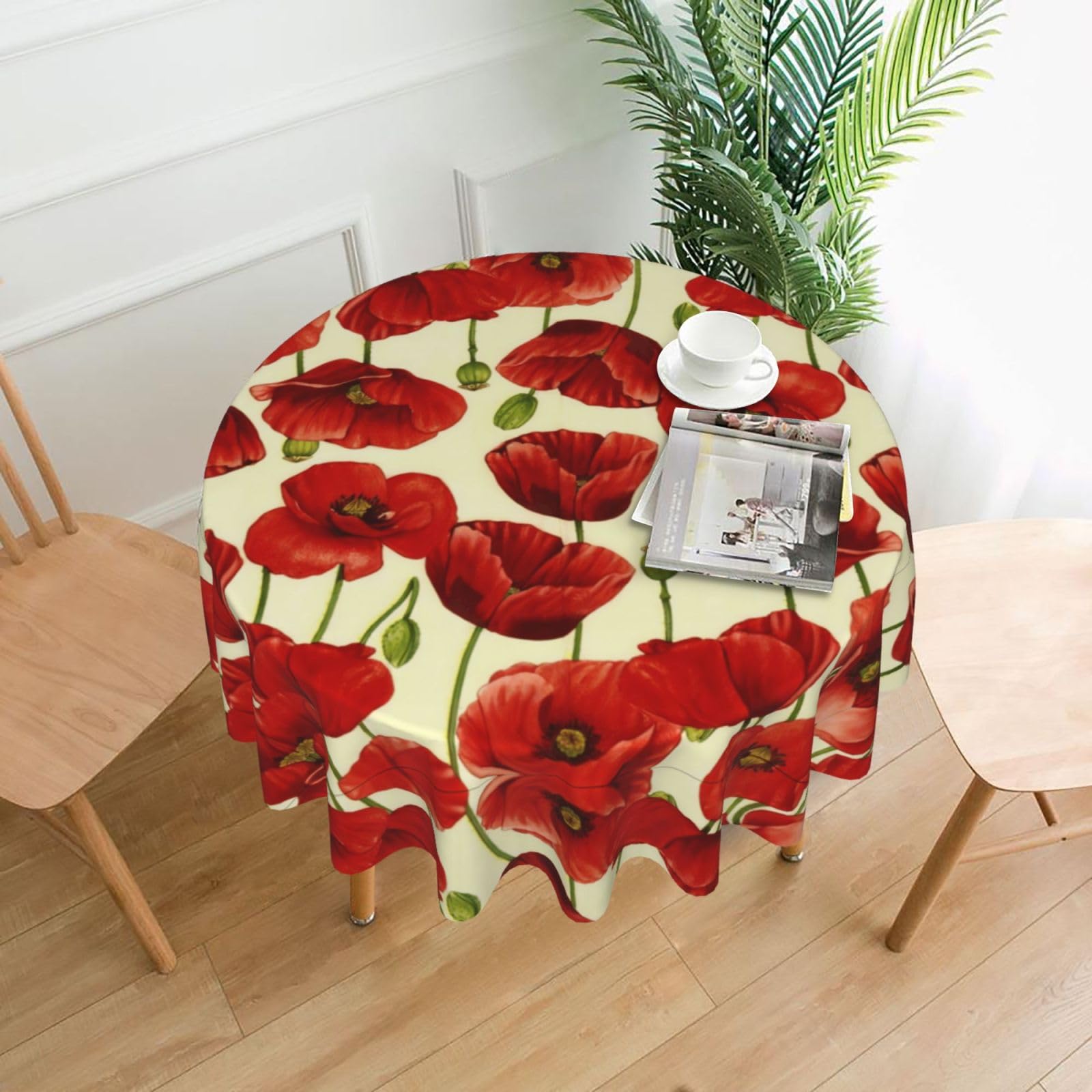 ZHAOUR Red Flower Print Round Washable Tablecloth – Table Cover