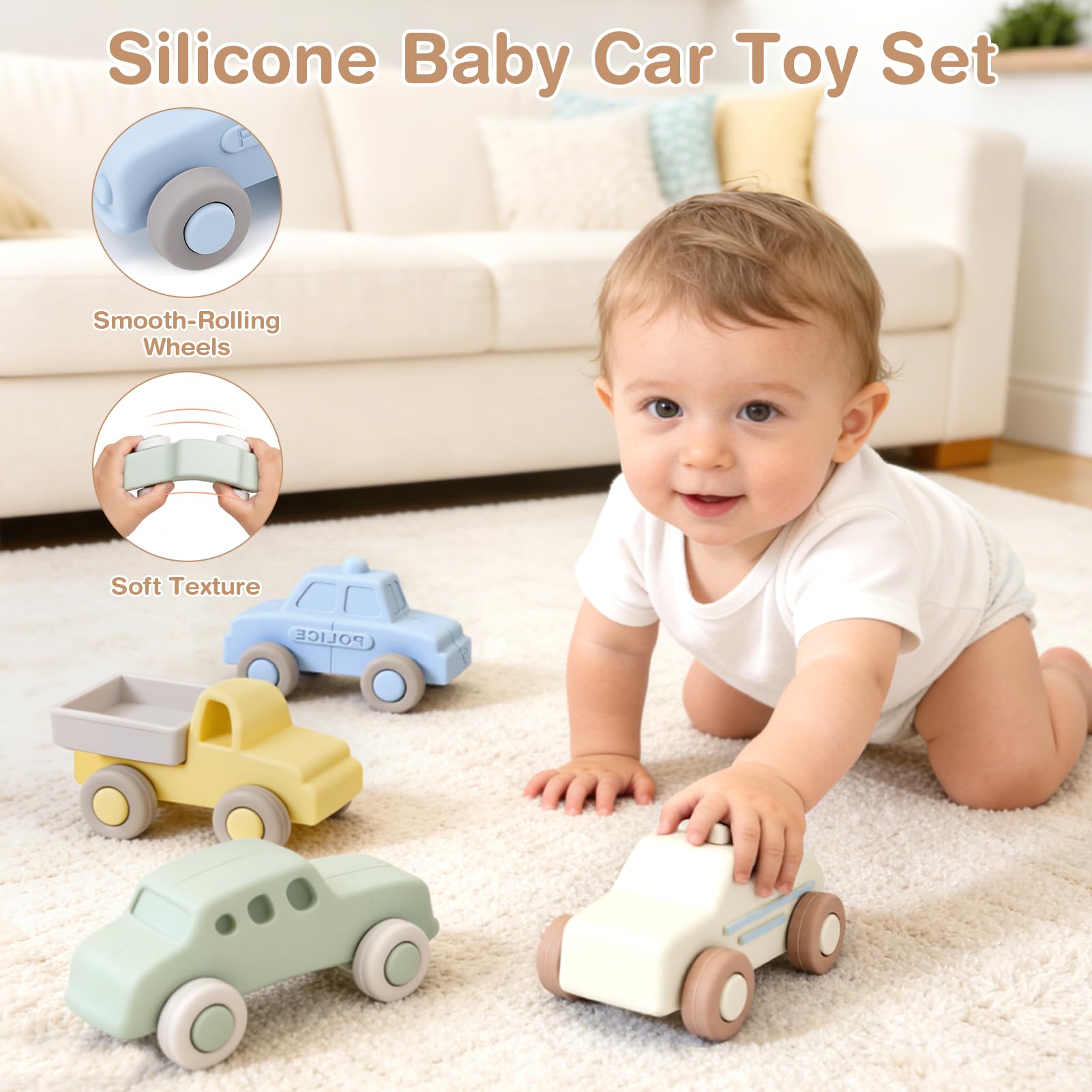 Vanplay Macchinine per Bambini, Giochi Bambini 1 Anno Giochi Montessori 6 Mesi+ Silicone Dentizione Neonato Regalo Bambino 1 Anno (4 Pezzi)