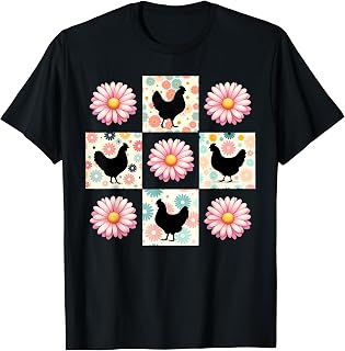 Retro Checkerboard Chicken Daisy Flower Wildflower Farmer T-Shirt