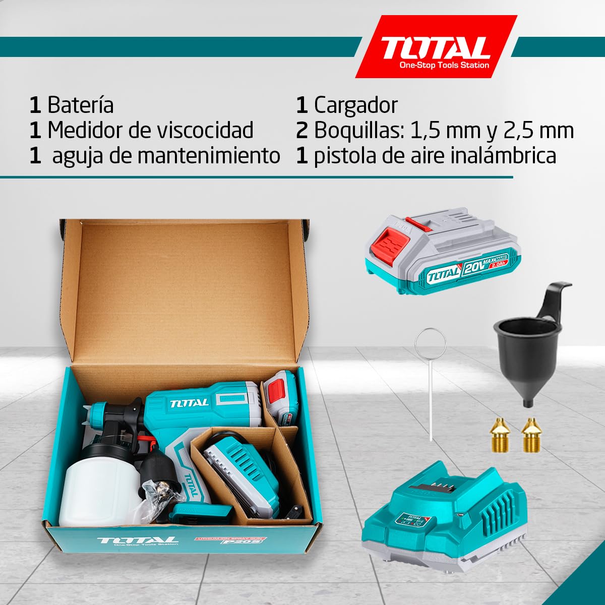 Total - Pistola de Pintura a Batería 20V - Volumen Máximo de 800 ml/min - Viscosidad Máxima de 120 DIN - Depósito de 800 ml- Incluye Embudo Medidor de Viscosidad - 1 Batería 2AH - Cargador - Maletín