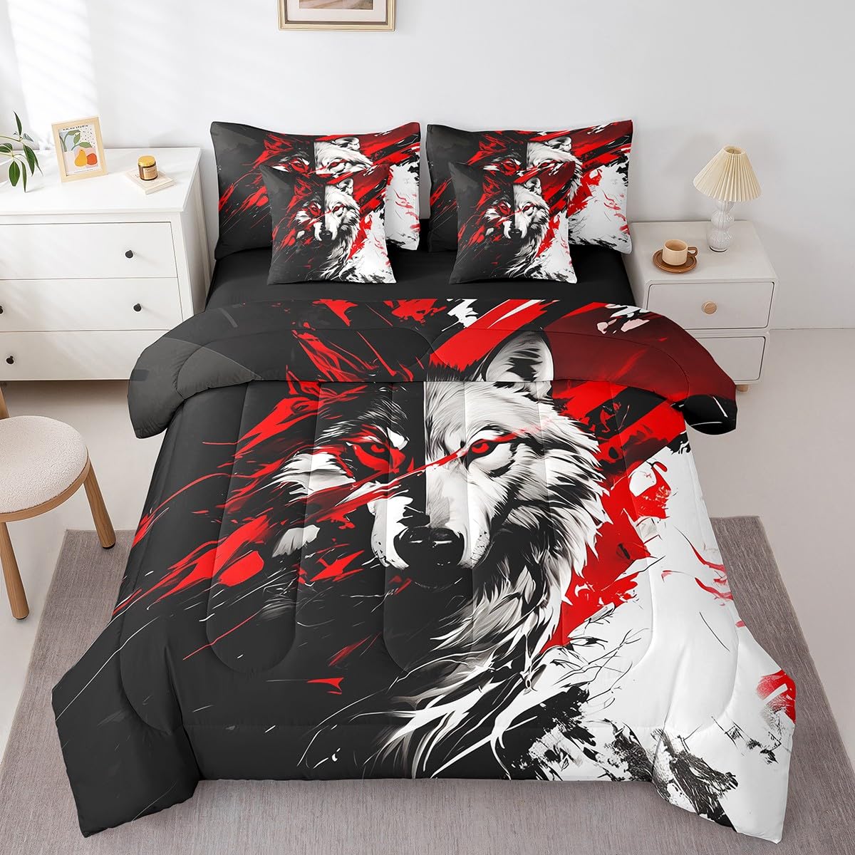 Manfei Wolf Bed Set in a Bag 7 Pcs,Mysterious Jungle Animal Japanese Style Bedding Set,Watercolor Red Hippie Graffiti Wildlife Trippy Comforter with