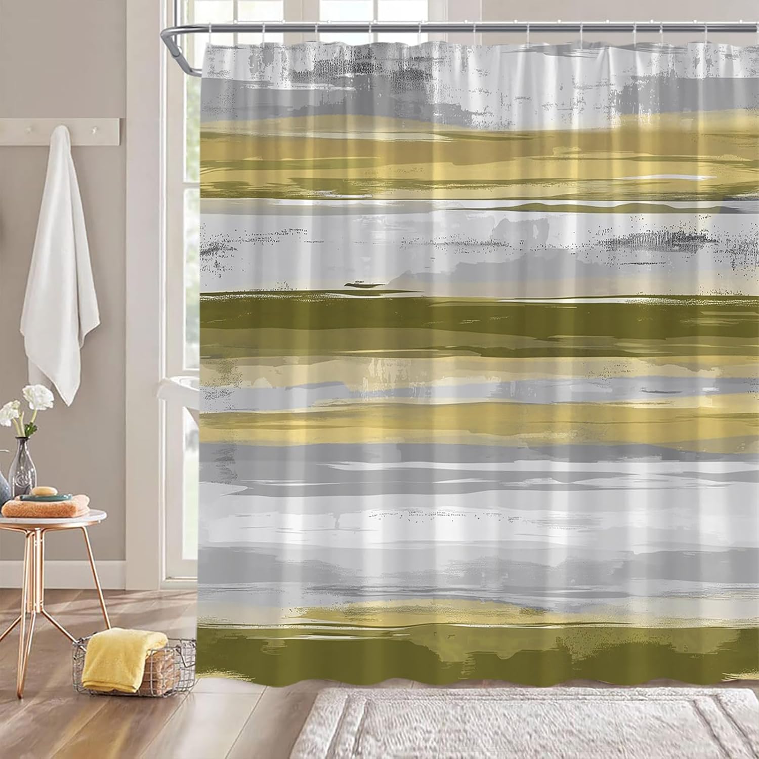 Yellow Gray Extra Long Shower Curtain,Abstract Geometric Striped Moden Art Bathroom Home Curtain Decor with Hooks,70x78 Inch
