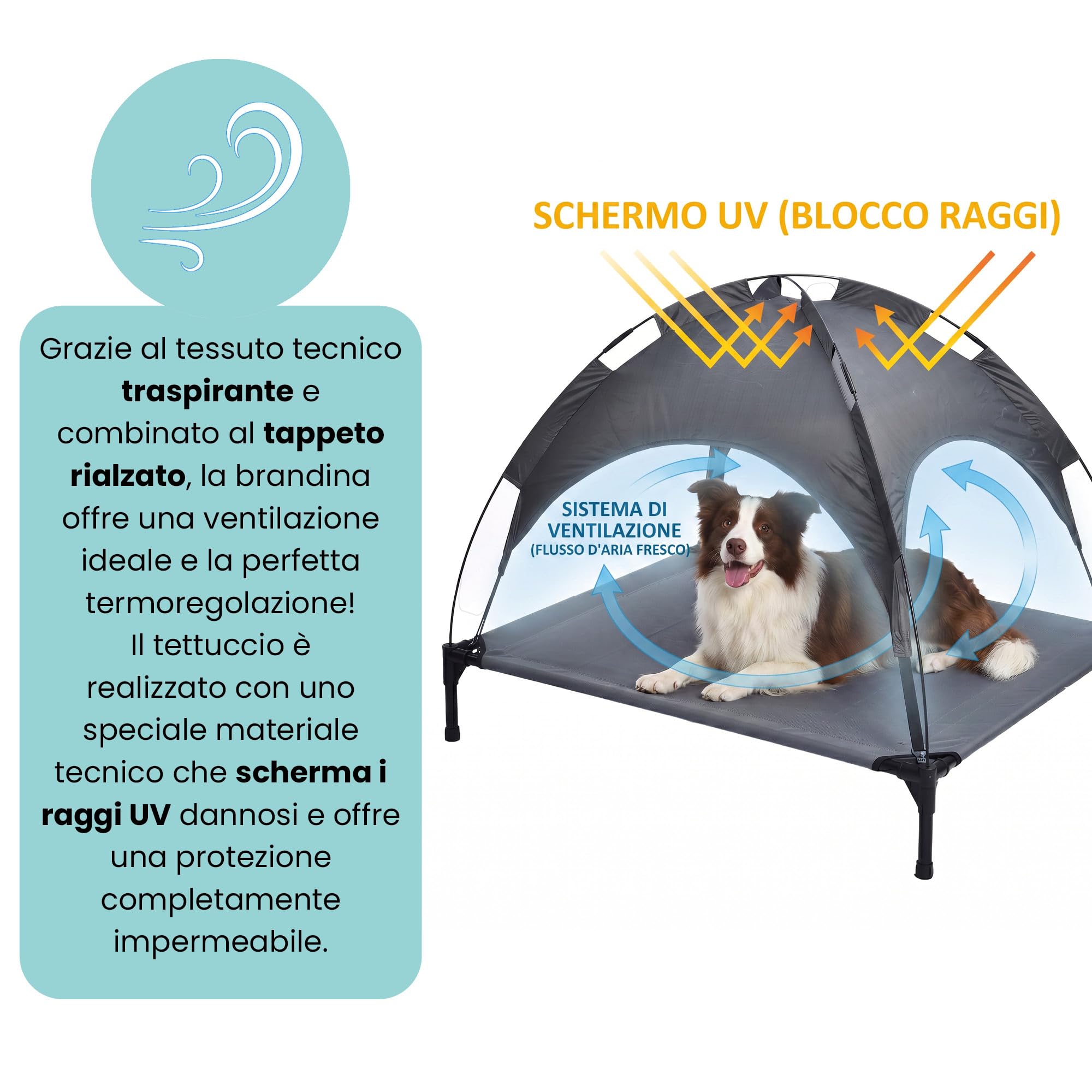 Italian Bed Linen – Brandina Rialzata per Cani "Sunny", Lettino con Tettuccio Protezione UV e Impermeabile, Tessuto Traspirante Anti-Umidità, Portata 50kg, Ideale per Esterno e Giardino, 105x85x85 cm