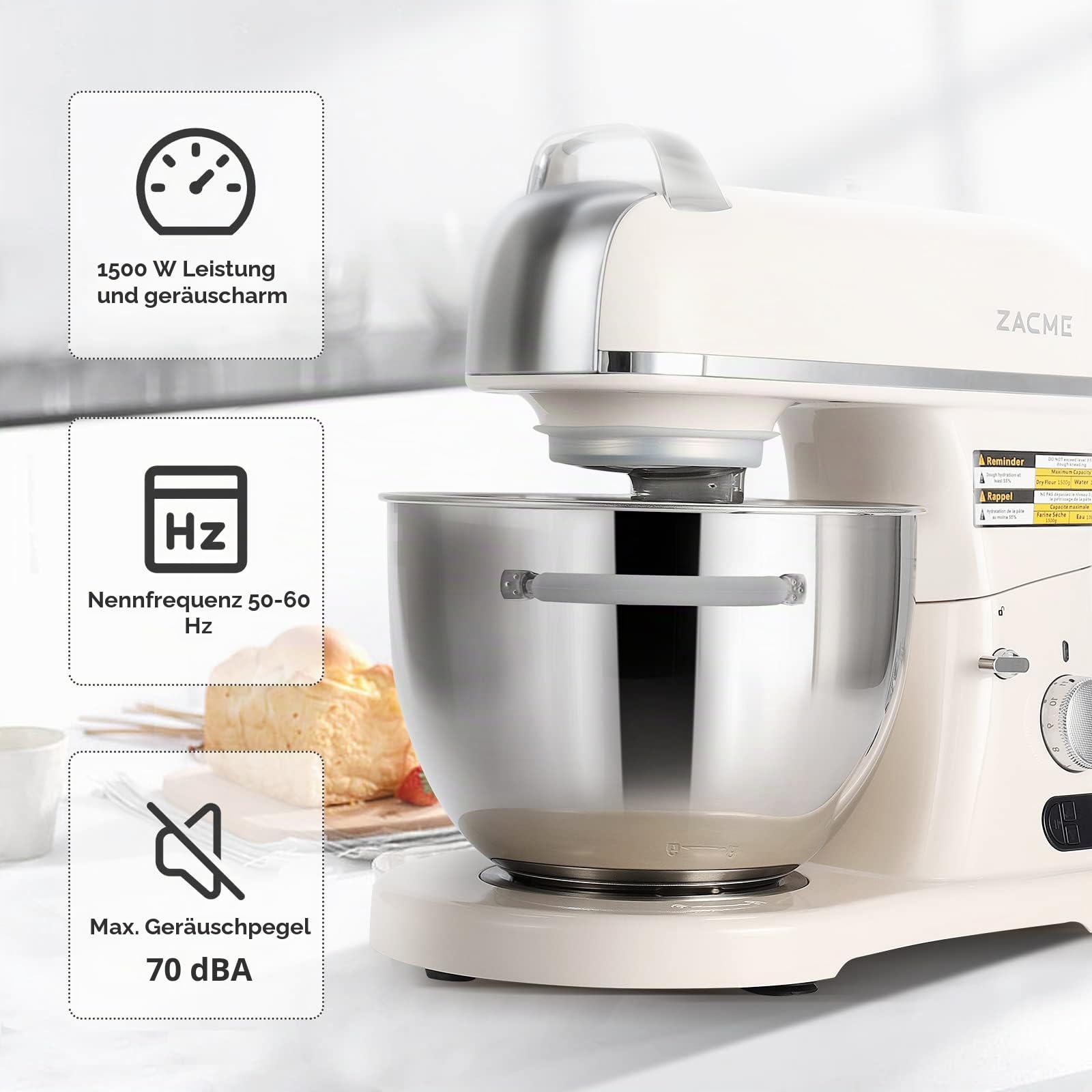 ZACME Profi Küchenmaschine Knetmaschine Aluminiumgussgehäuse(1500W),7L Edelstahlschüssel Teigmaschine mit LED-Touchscreen,Geräuscharme Rührmaschine,3 Rühraufsätze und Spritzschutz,11 Geschwindigkeit