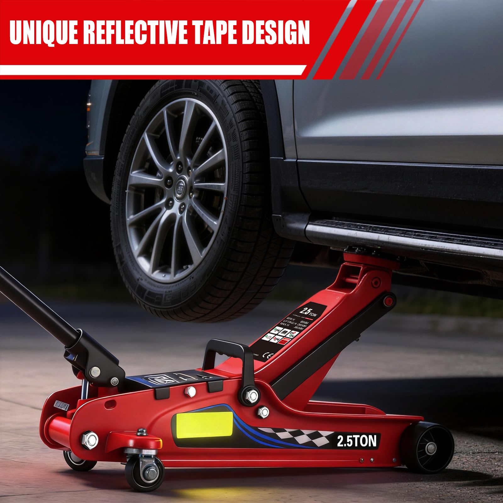 LARBANKE Gato hidráulico de perfil bajo de 2.5 toneladas, rango de elevación de 85-380 mm, gato hidráulico para coche con 2 almohadillas de goma, gato portátil para coche con asa de transporte y