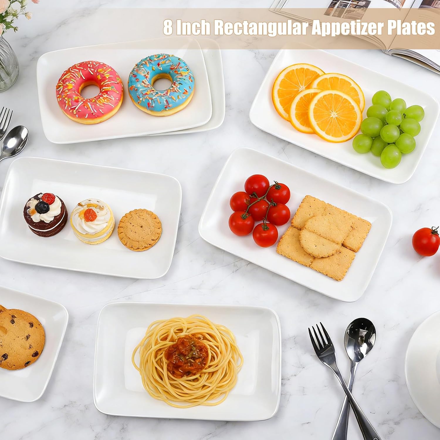 Set Of 6 8 Inch Rectangular Appetizer Plates, White | Ceramic Salad Plates, White Porcelain Dessert Plate, Rectangle Serving Plate, Microwave Oven Dishwasher Safe for Dinner Party