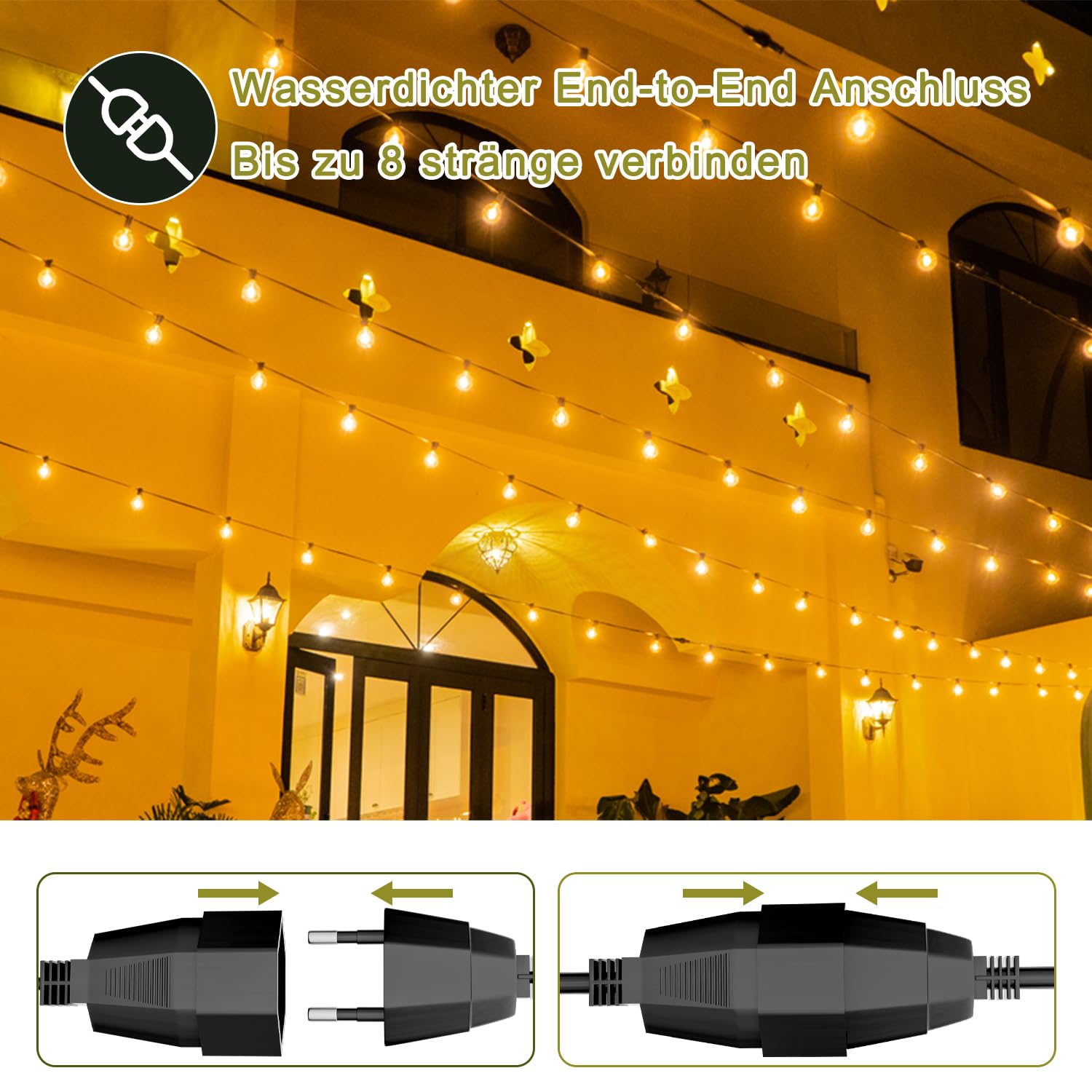 Kawaya 30M Lichterkette Außen LED mit 50+2 G40 Glühbirnen, IP65 Wasserdicht | Outdoor Lichterkette Aussen Strom Bruchsicheren Warmweiß Balkon Lichterketten für Terrasse Garten Hochzeit Hinterhof