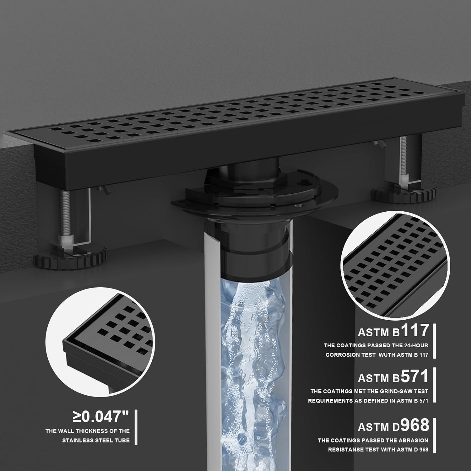 Linear Shower Drain | 12 Inch AISI 304 Stainless Steel Shower Drain, Matte Black Linear Drain with Removable Quadrato Grate Cover & Adjustable Feet, Rectangle Floor Drain, in Bathroom Balcony etc