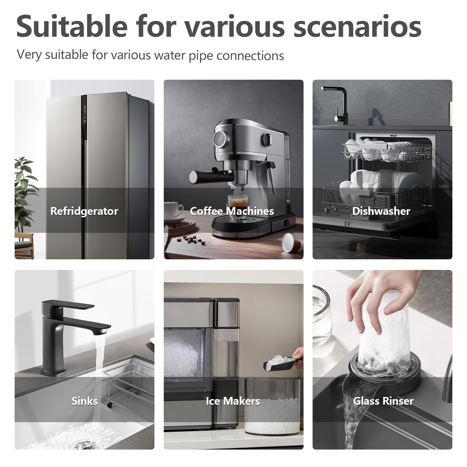 WiseWater Paquete de 2 válvulas de parada en T de 3/8 hembra Comp x 3/8 OD x 1/4 OD, válvula de cierre de agua de latón cromado de 1/4 de vuelta, compresión de 3 vías para refrigerador, máquina de