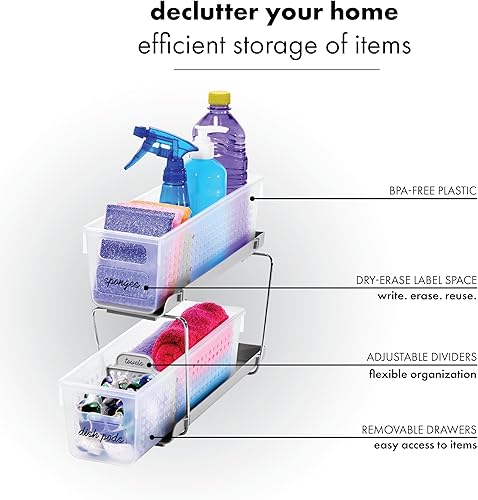 Miniatura 5 de madesmart Mini organizador de 2 niveles, almacenamiento deslizante multiusos con asas y divisores para el hogar y el baño, escarcha