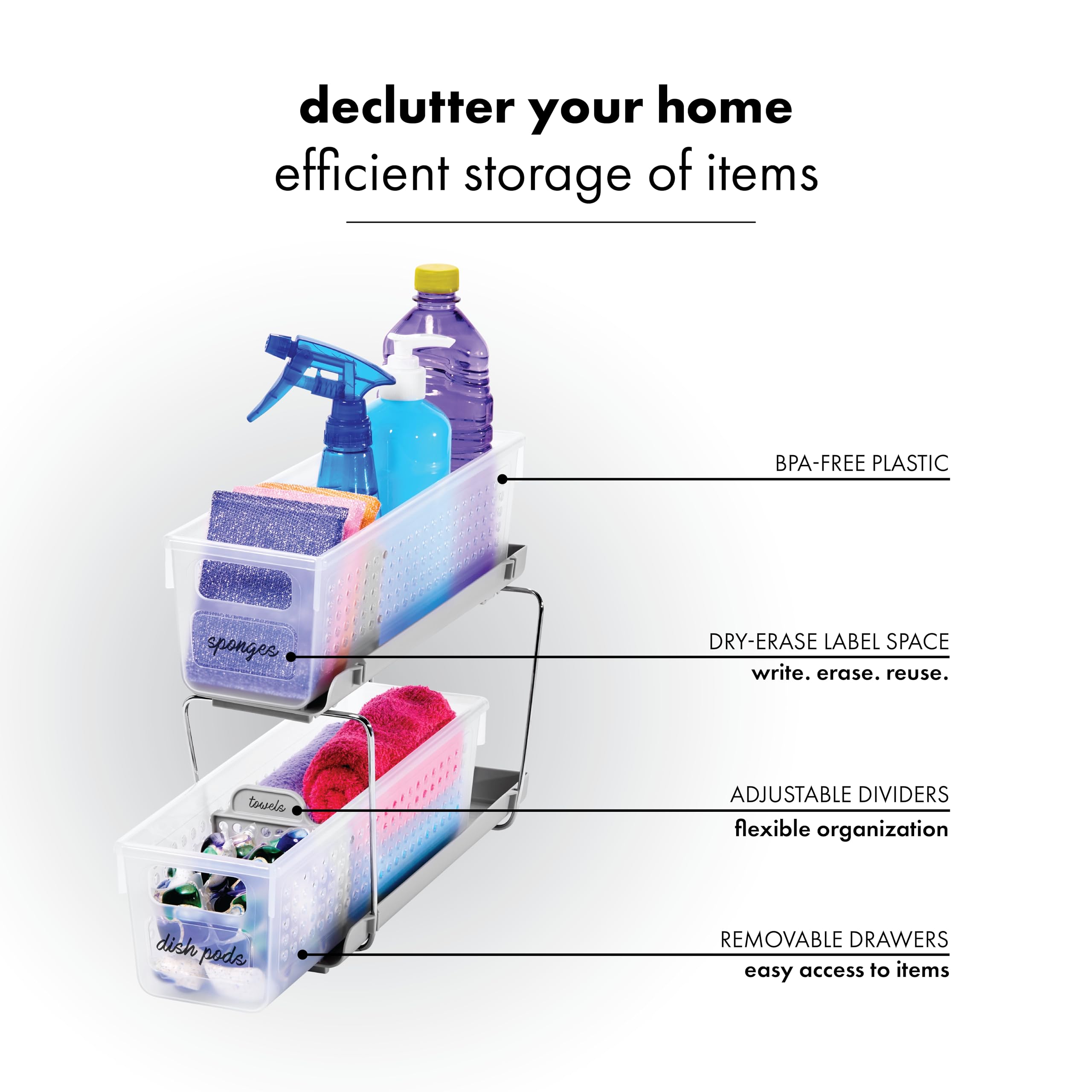 madesmart Mini Organizador Multiusos de plástico de 2 Niveles con contenedores de Almacenamiento deslizantes divididos, Estante Organizador Compacto Debajo del Fregadero y gabinete, Escarcha