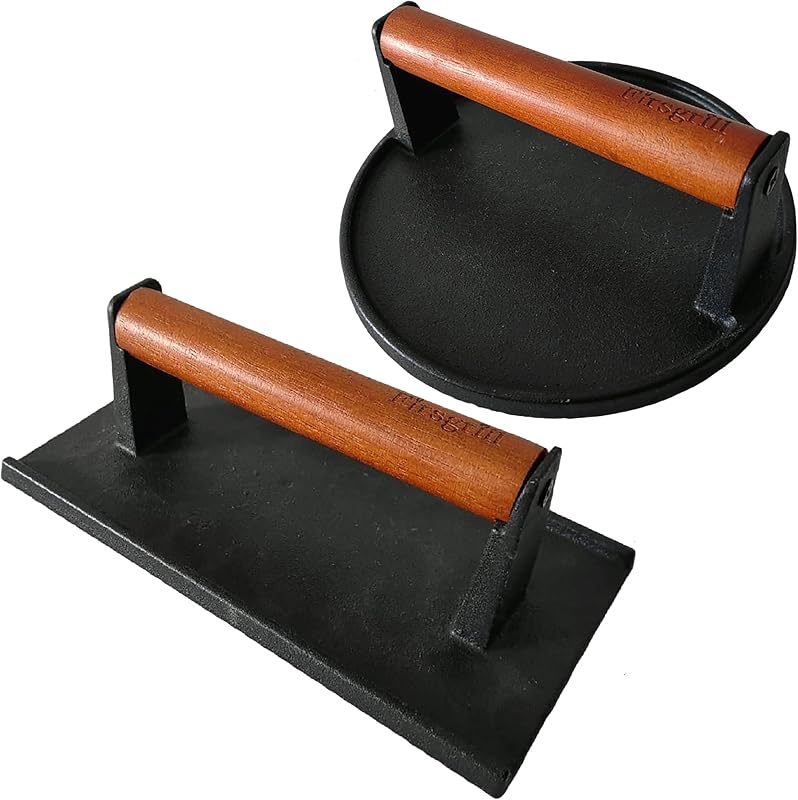 Firsgrill Burger Press 7.08" redondo y 8.3"X4.3" rectangular de hierro fundido resistente para aplastar carne con mango de madera para Blackstone Camp Chef Pitboss Weber Treager plancha (redonda y rectangular con fondo plano)