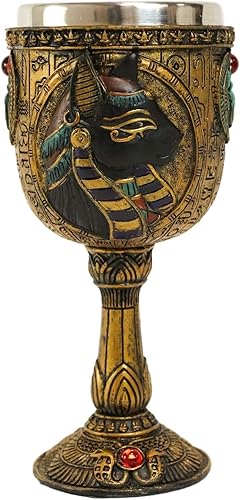 Ebros - Copa de vino con diseño jeroglífico dorado con dioses de Egipto escarabajo Uraeus Cobras de 6 oz 7 pulgadas de alto