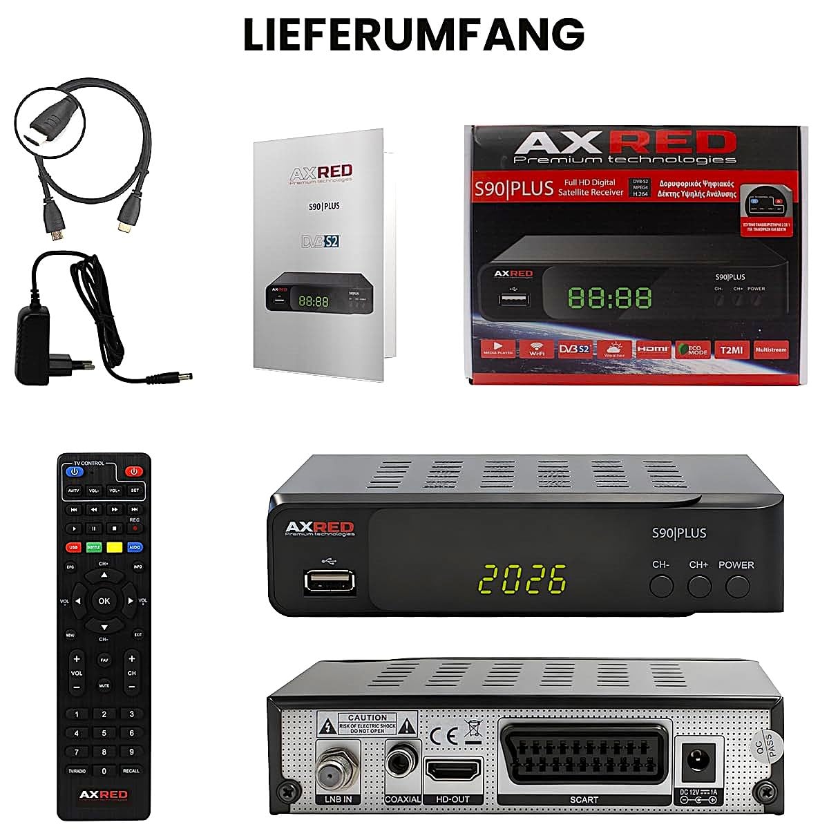 [ Test SEHR GUT, Note 1.1 *] AXRED S90 Plus Sat Receiver + HDMI Kabel, mit Aufnahmefunktion, HD fähig, Digital Sat-Receiver für Satellitenschüssel Satelliten Satellit Fernseher, HD-Receiver, HDMI